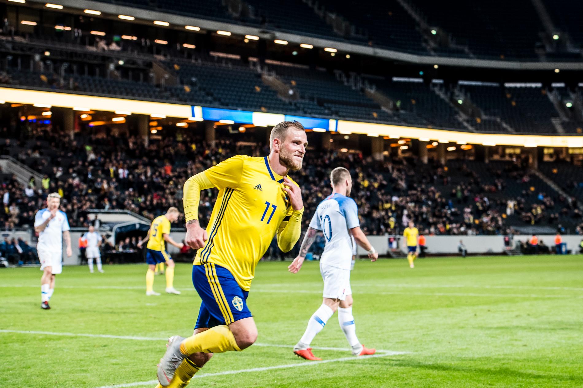 John Guidetti gjorde sitt fösta landslagsmål på två år  när Sverige mötte Slovakien. Matchen slutade 1–1.
