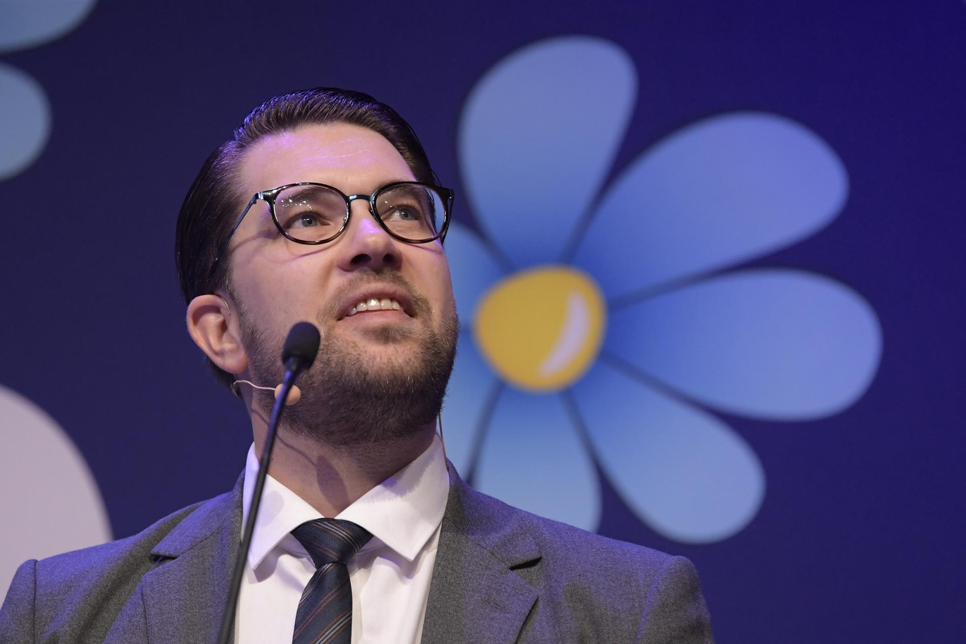 Sverigedemokraternas partiledare Jimmie Åkesson under sitt tal på landsdagarna. 
