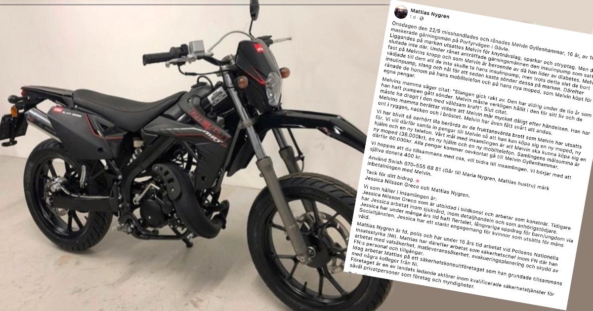 På sin Facebooksida startade Mattias Nygren en insamling till Melvin. Hans moped, som syns på bilden, har ännu inte återfunnits efter rånet. 