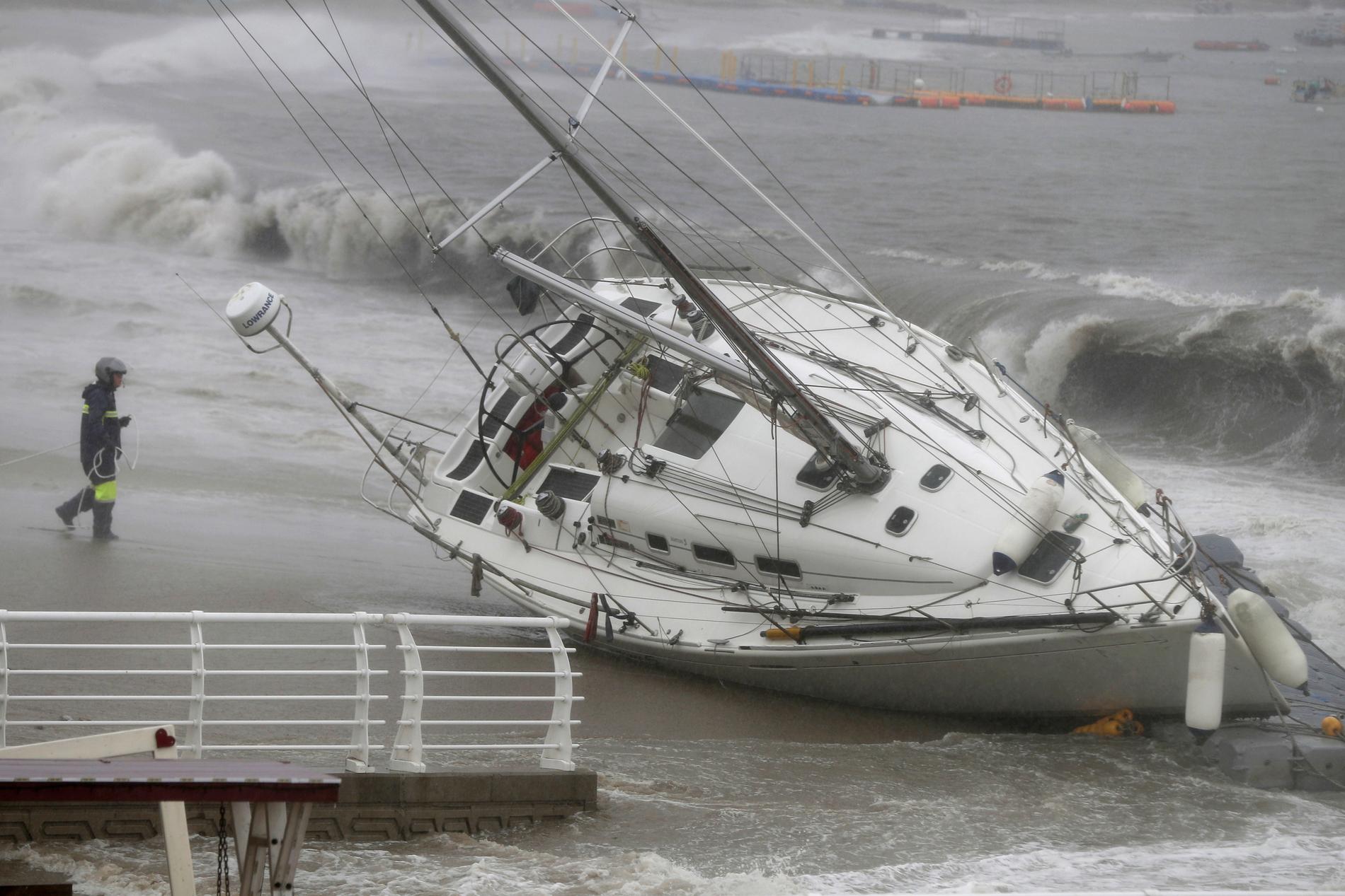 På bilden en båt som sköljdes upp på land i Sydkorea i samband med tyfonen Tapah i slutet av september.