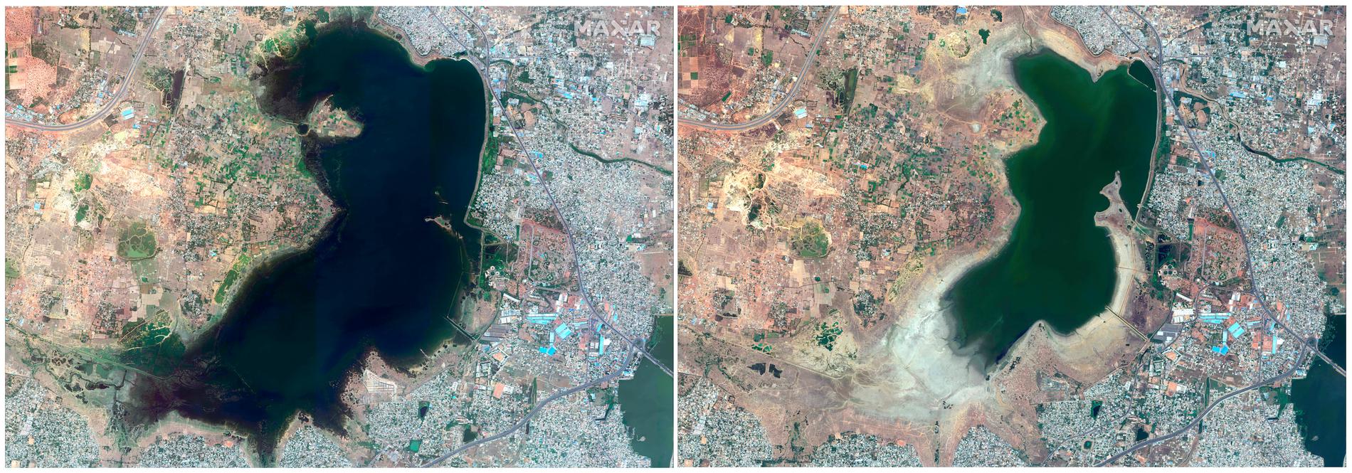 Satellitbilder från den 15 juni 2018 och den 1 april 2019 visar hur vattenreservoaren Puzhal i Chennai (Madras) har krympt.