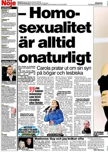 Aftonbladets artiklar om Carolas uttalanden om homosexuella.