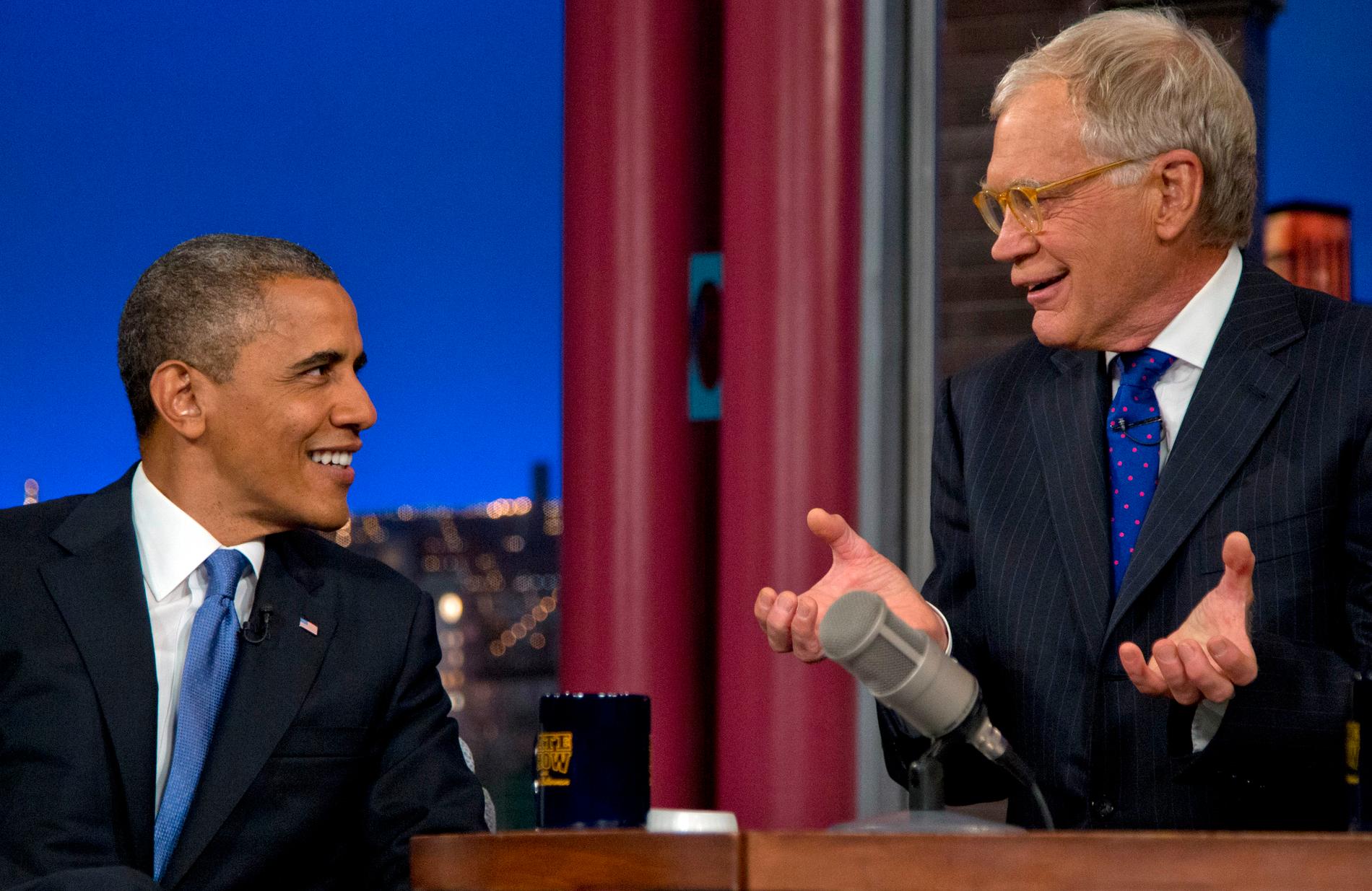 President Barack Obama gästar "The late show with David Letterman" på CBS 2012. Arkivbild.
