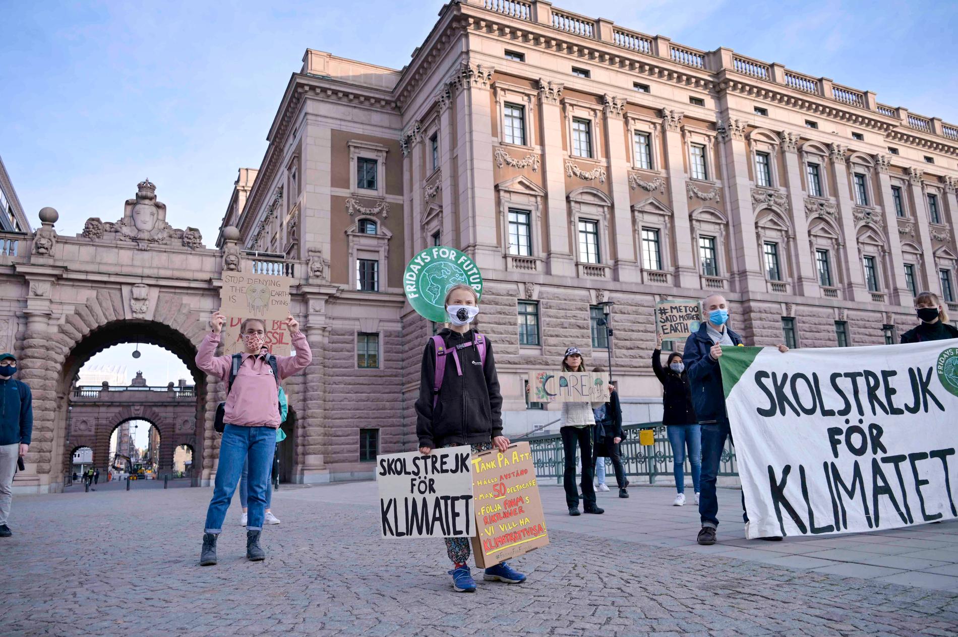 Covidanpassad klimataktion utanför riksdagen.