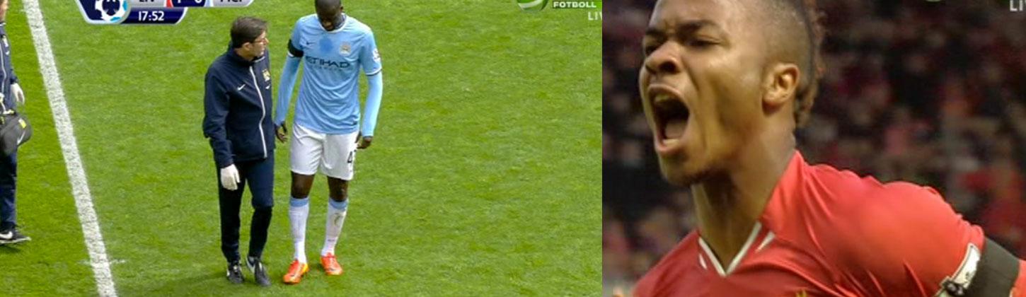 Raheem Sterling gjorde 1–0 för Liverpool. Strax därefter tvingades Citys Yaya Touré kliva av med en skada.