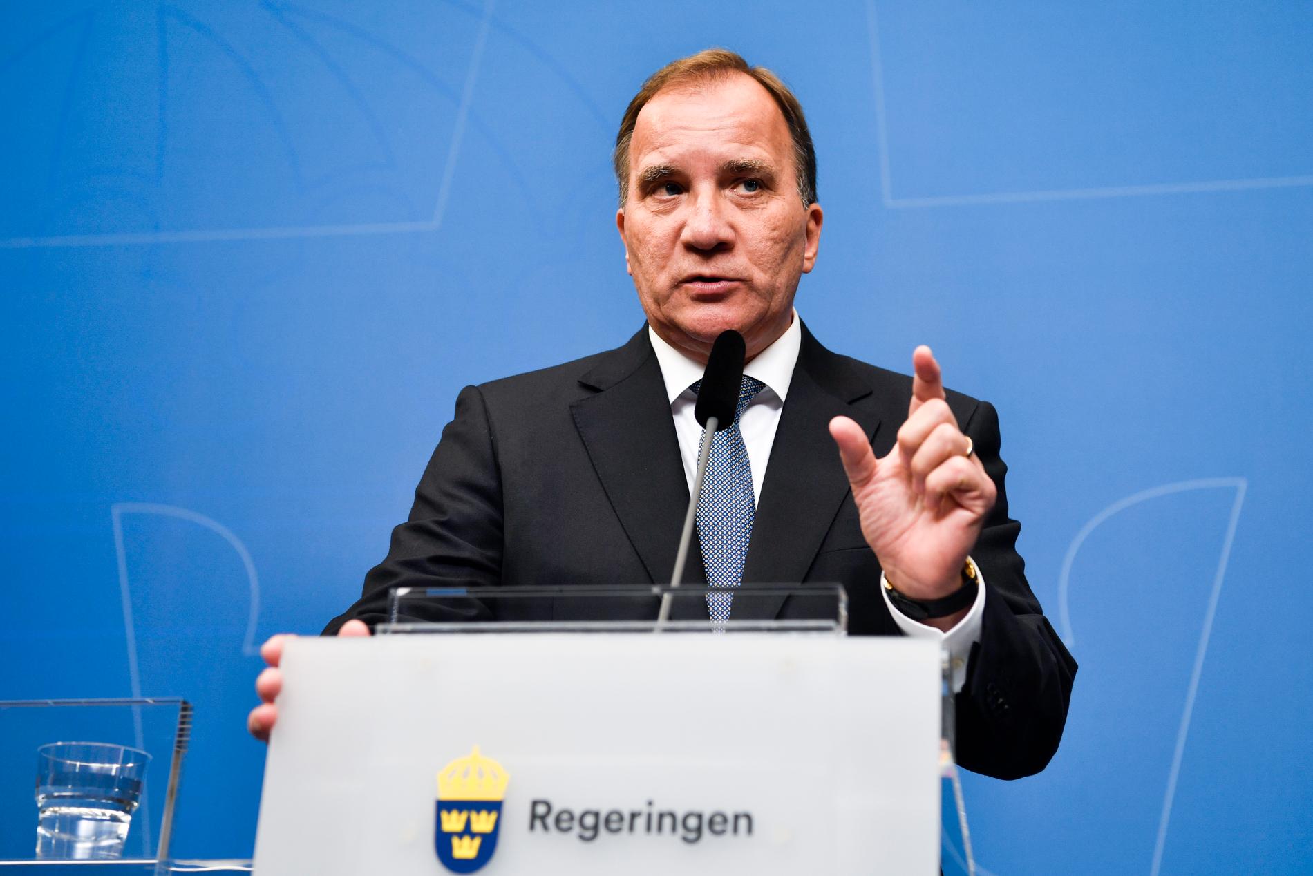 Statsminister Stefan Löfven (S) på pressträffen i Rosenbad i Stockholm.