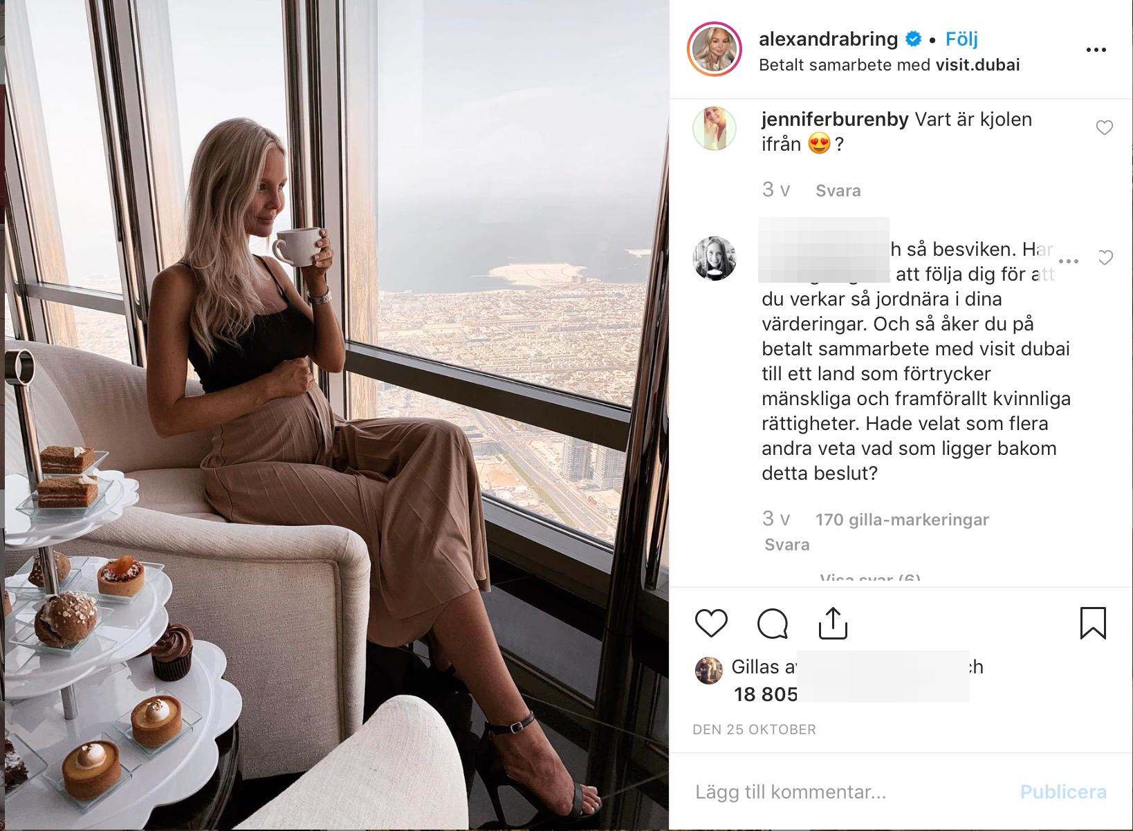 Influencern Alexandra Brings inlägg, i samarbete med Visit Dubai. 