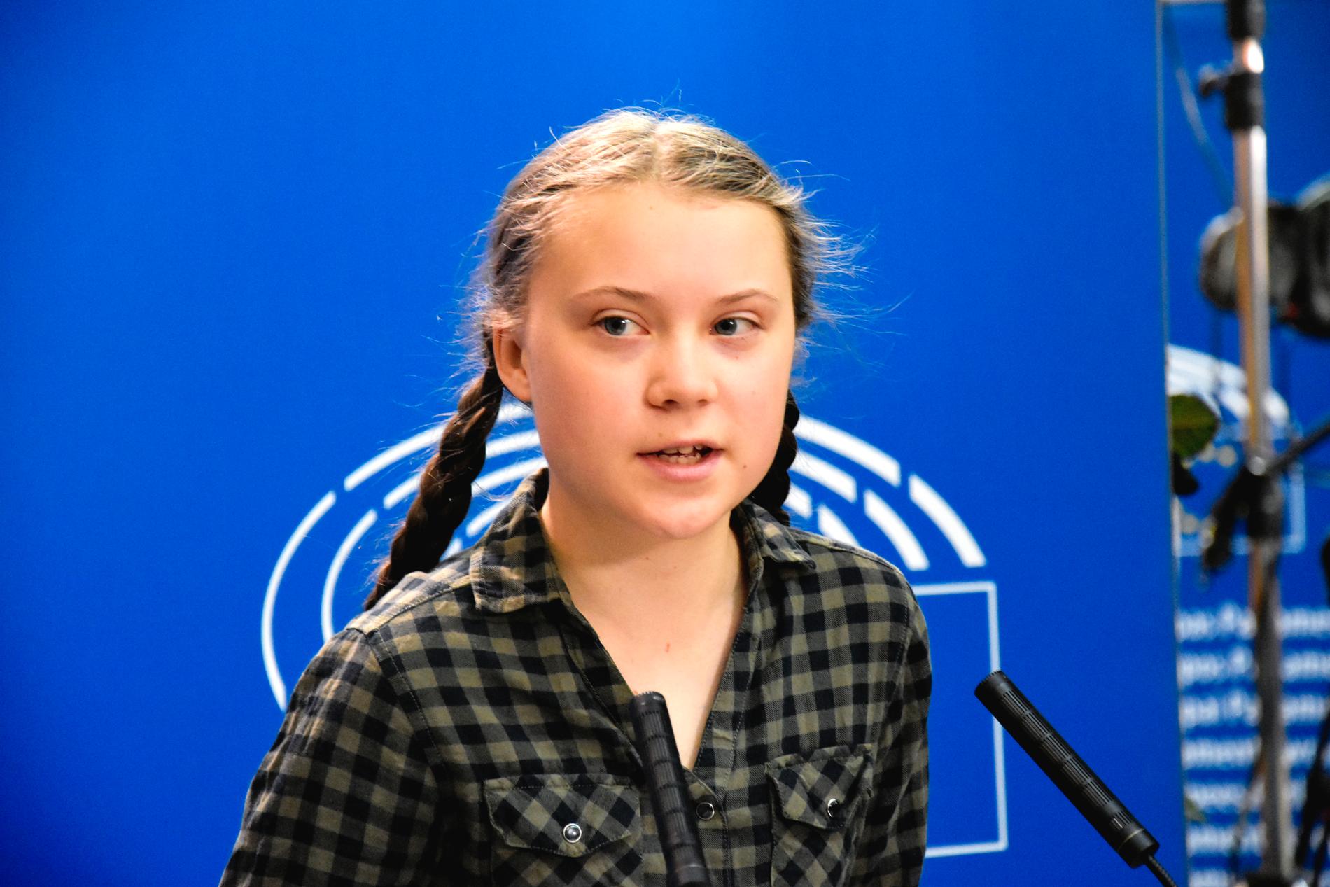 Klimataktivisten Greta Thunberg håller presskonferens i EU-parlamentet i Strasbourg i april i år. Arkivbild.