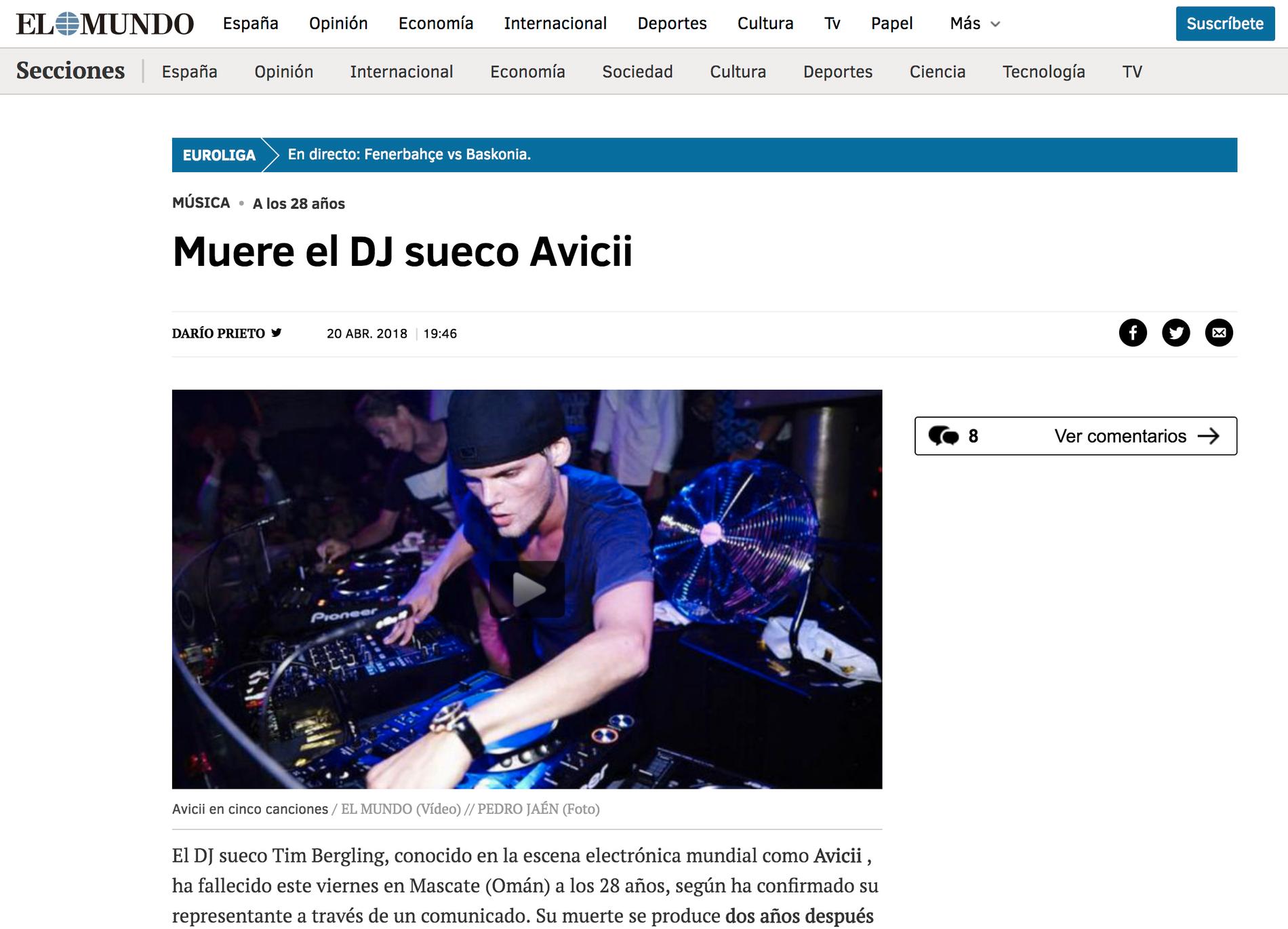 Spanska tidningen El Mundo skriver om Aviciis bortgång.