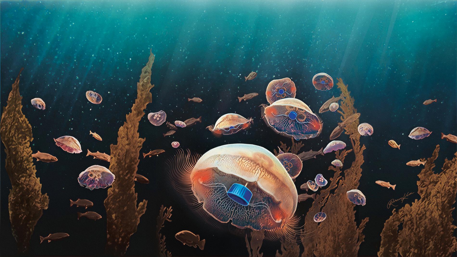 En konstnärlig tolkning av hur robotmaneter släppts fria i havet. I studien har forskarna använt öronmaneter (Aurelia aurita).