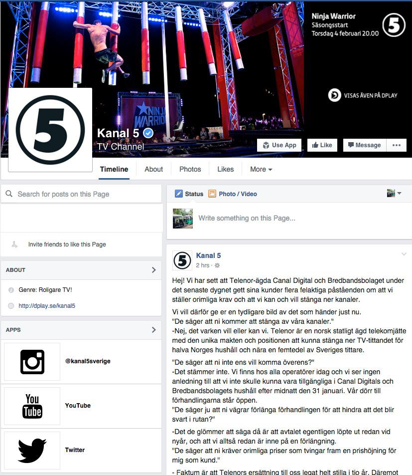 Kanal 5:s facebooksida fylldes av kommentarer kring bråket.