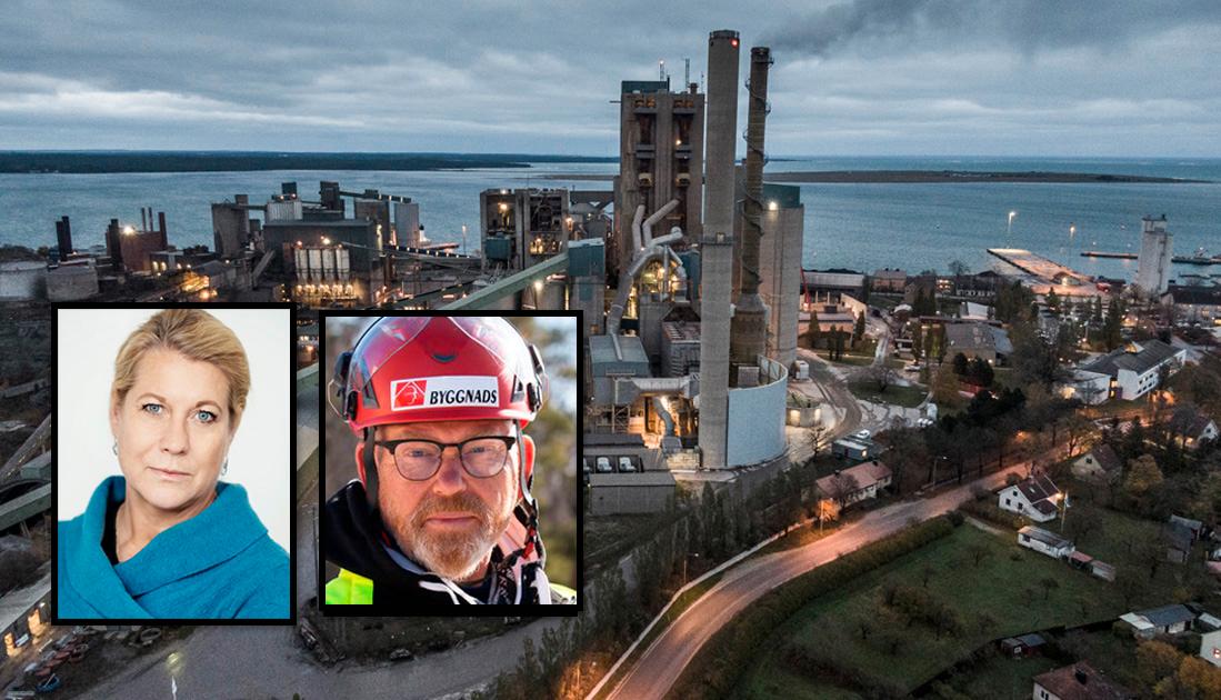 Detta påverkar svensk ekonomi direkt. 2022 års BNP-tillväxt för Sverige utraderas, menar debattörerna. Bakgrundsbilden föreställer Cementas fabrik i Slite på Gotland. Anläggningen släpper ut cirka två miljoner ton koldioxid varje år och är Sveriges näst värsta utsläppare av koldioxid. 