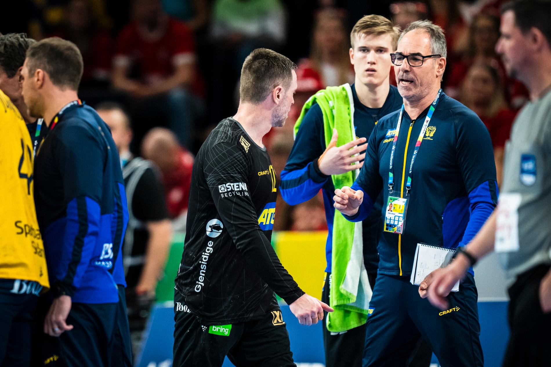Andreas Palicka pratar med målvaktstränare Tomas Svensson under en timeout.