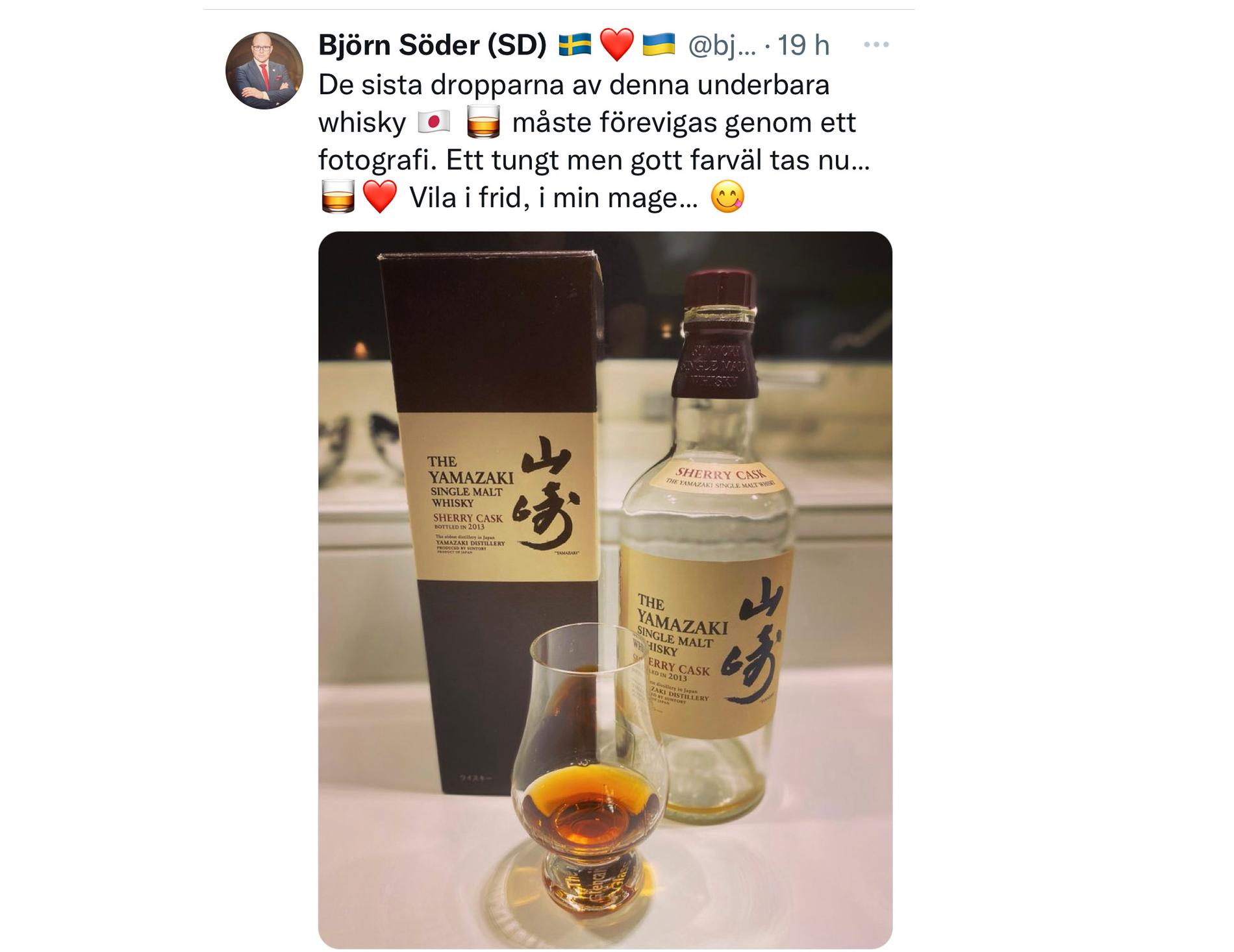Björn Söder drack de sista dyra dropparna av en japansk whisky i helgen.