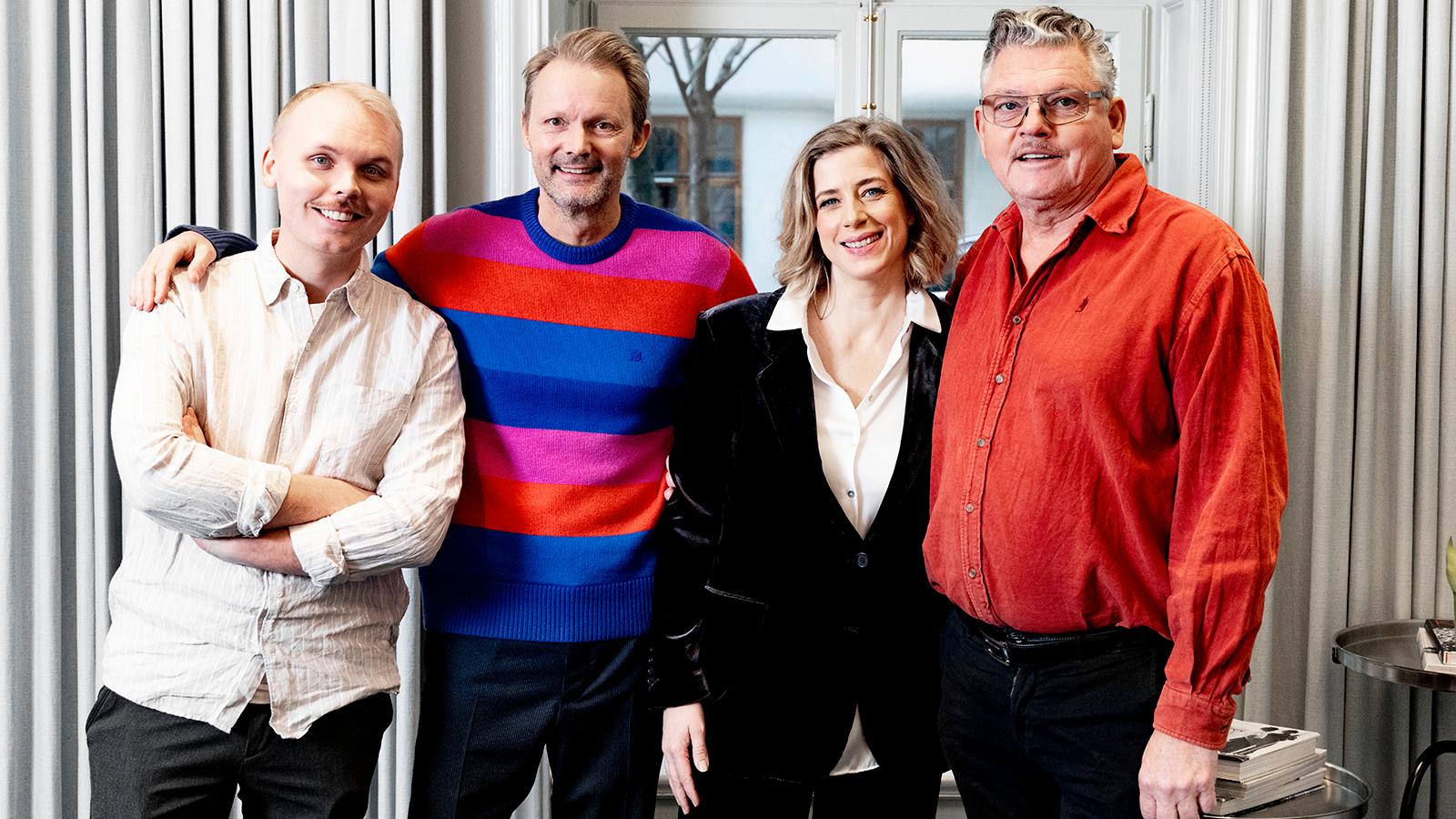 ”Folk med ångest”, från vänster Alfred Svensson, Felix Herngren (regissör), Anna Granath och Dan Ekborg