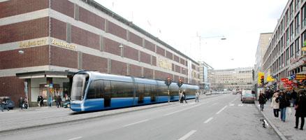2010 ska man kunna åka spårvagn från Norrmalmstorg till Centralen. (OBS! Bilden är ett montage.)