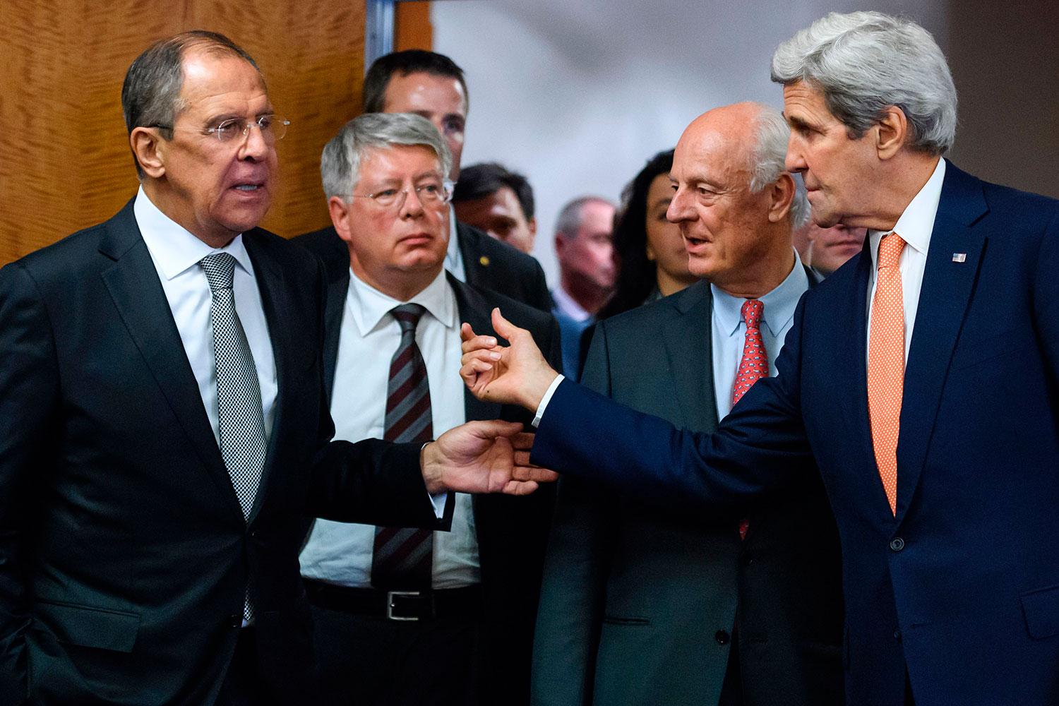 Sergej Lavrov, Staffan de Mistura och John Kerry.