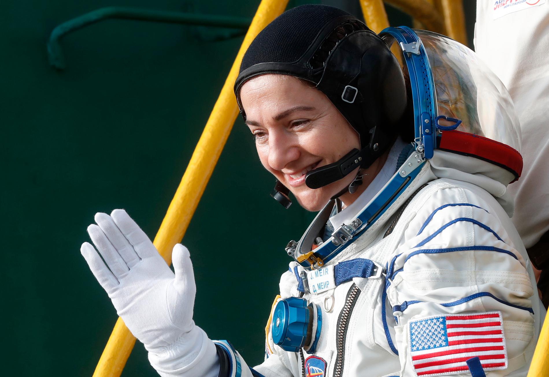 Svenskamerikanska astronauten Jessica Meir. Bilden är från uppskjutningen i Kazakstan den 25 september.