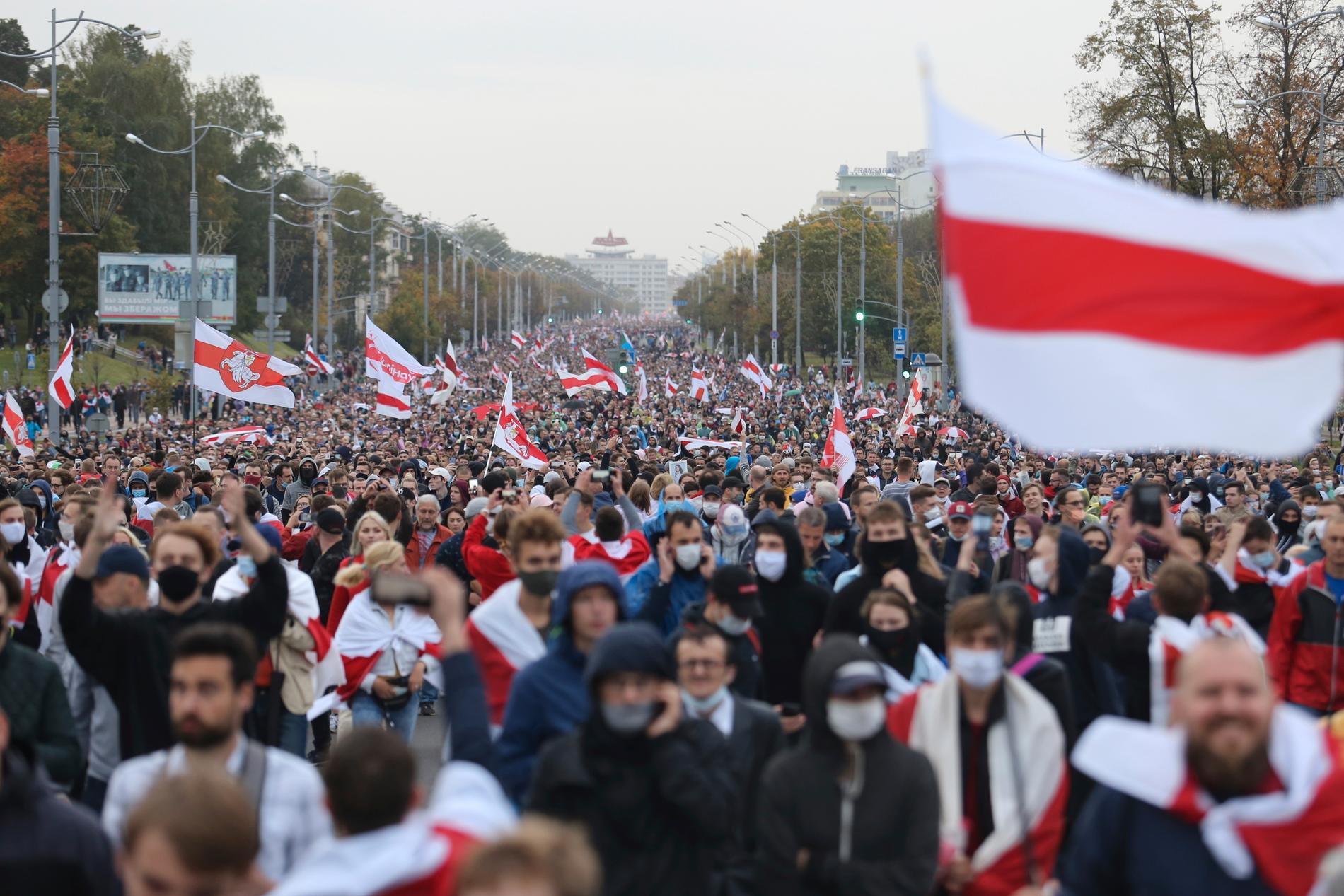 Tiotusentals människor prostester för sjunde söndagen i rad mot Belarus president Aleksandr Lukasjenko.