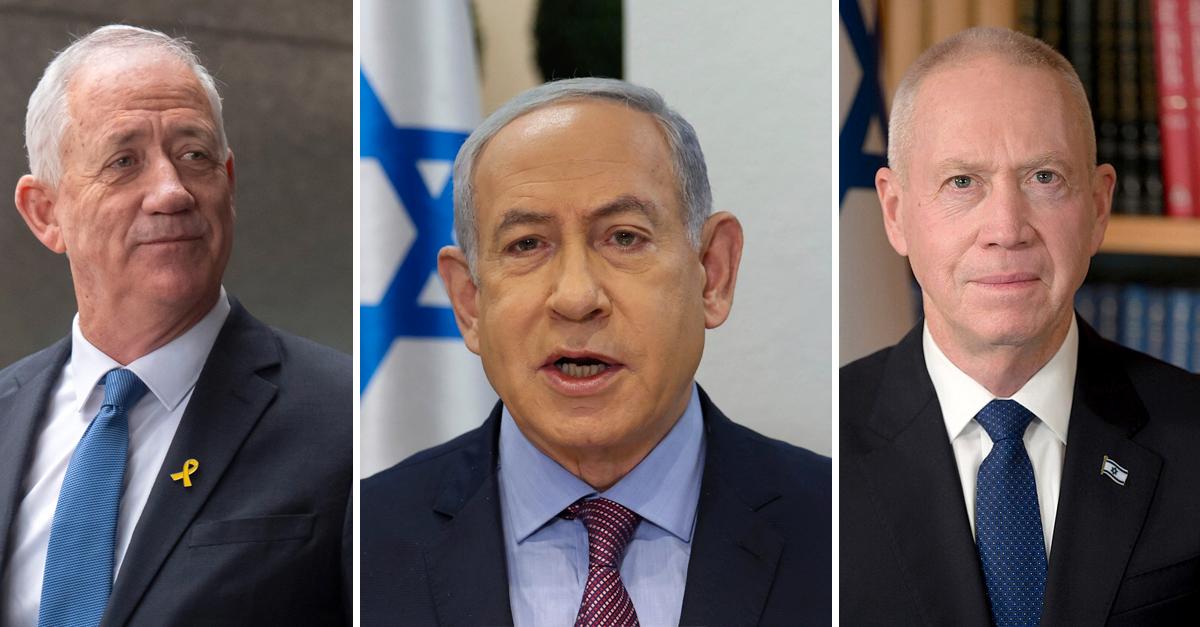 Israeliska krigskabinettet består av biträdande premiärminister Benny Gantz, premiärminister Benjamin Netanyahu och försvarsminister Yoav Gallant.