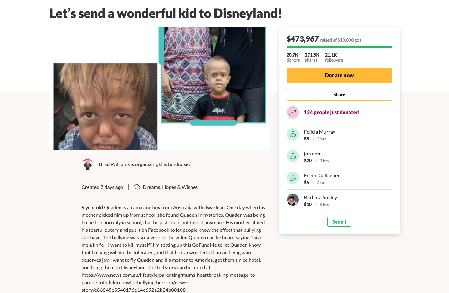Komikern Brad Williams har namngett insamlingen ”Låt oss skicka detta fantastiska barn till Disneyland”.