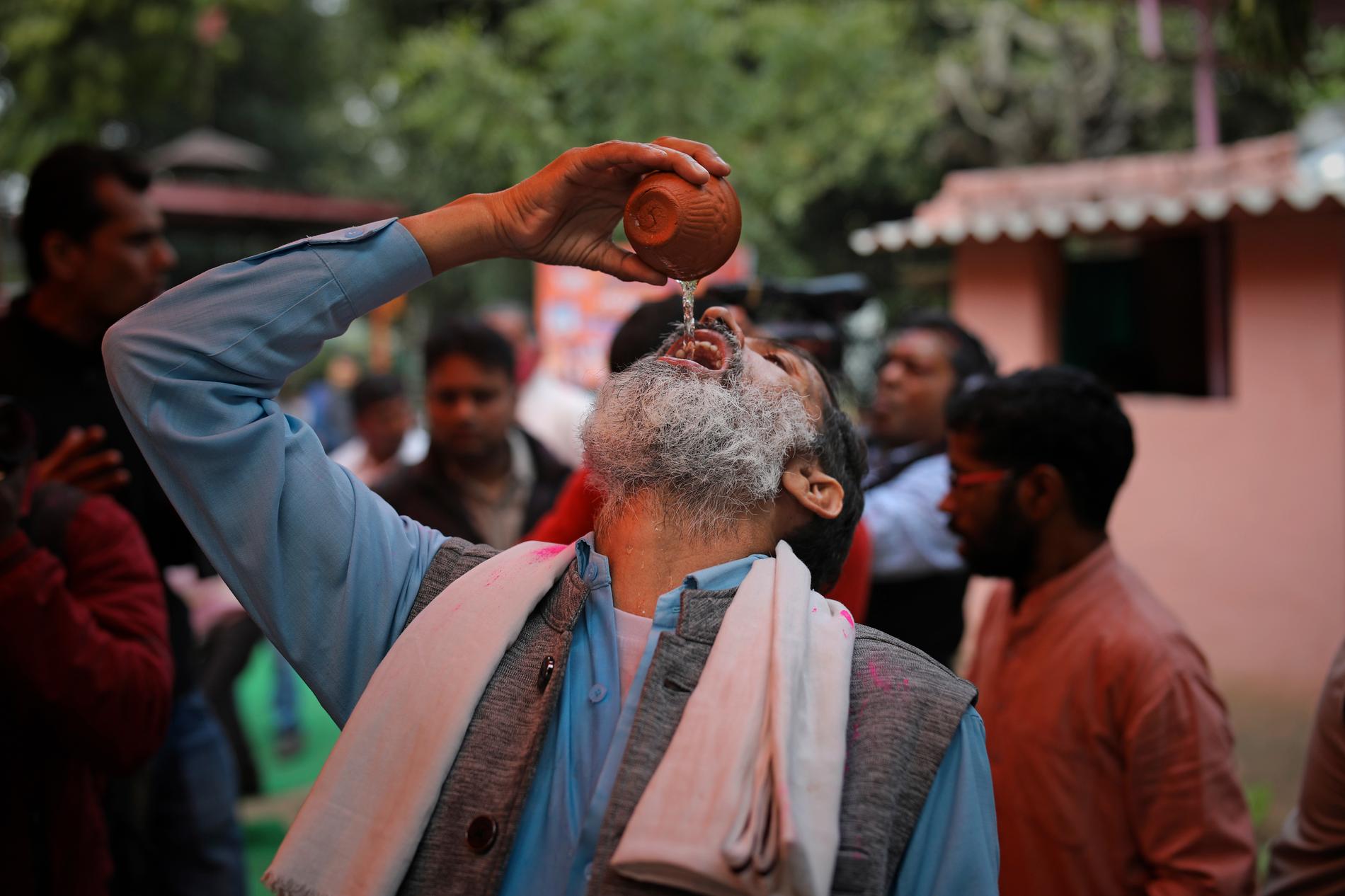 En man indisk dricker gaumutra, eller urin från kor, under ett evenemang i New Delhi i mars.