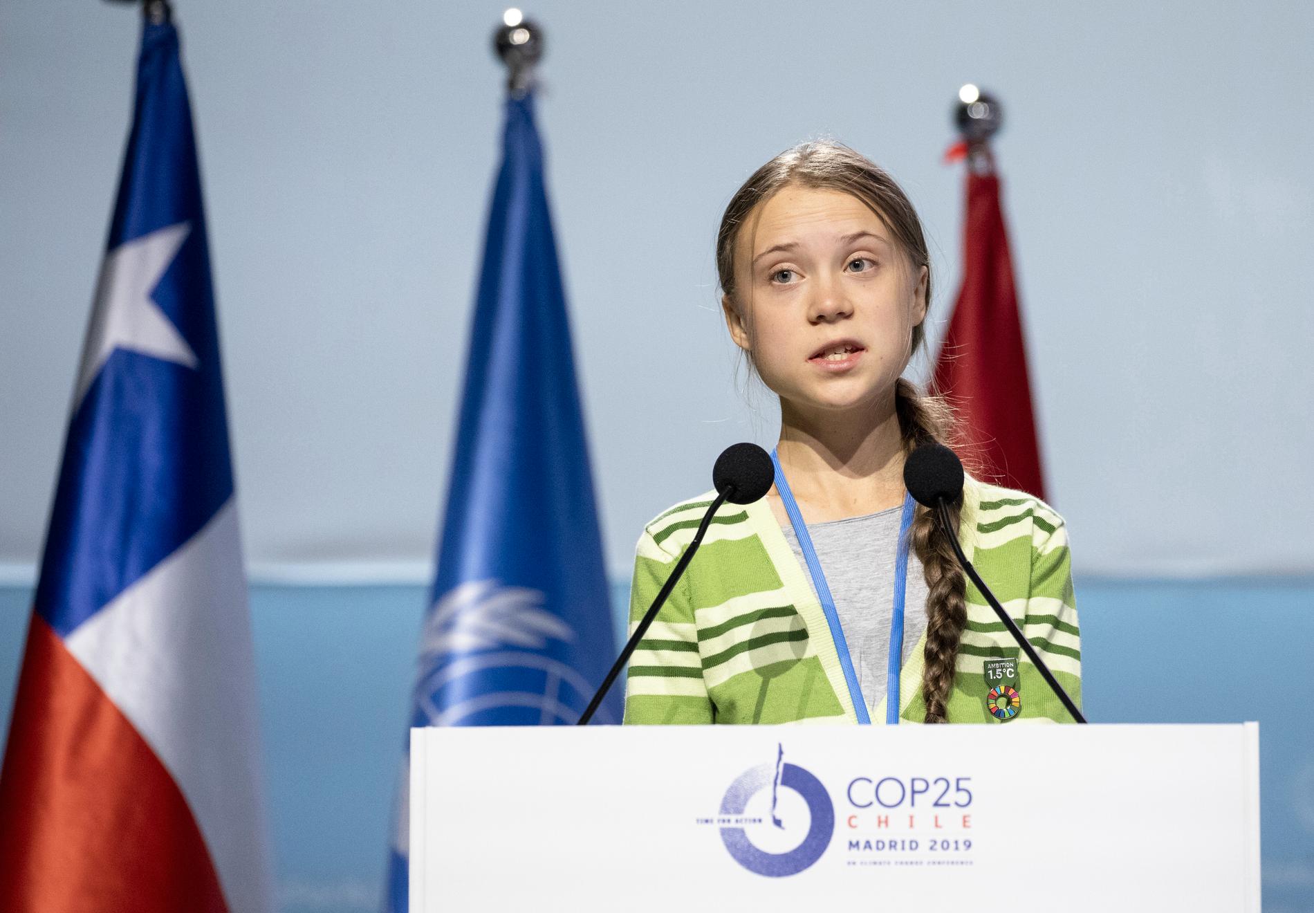 Svaret var förstås Greta Thunberg, som här syns på bild under ett tal på FN:s klimatmöte i Madrid.