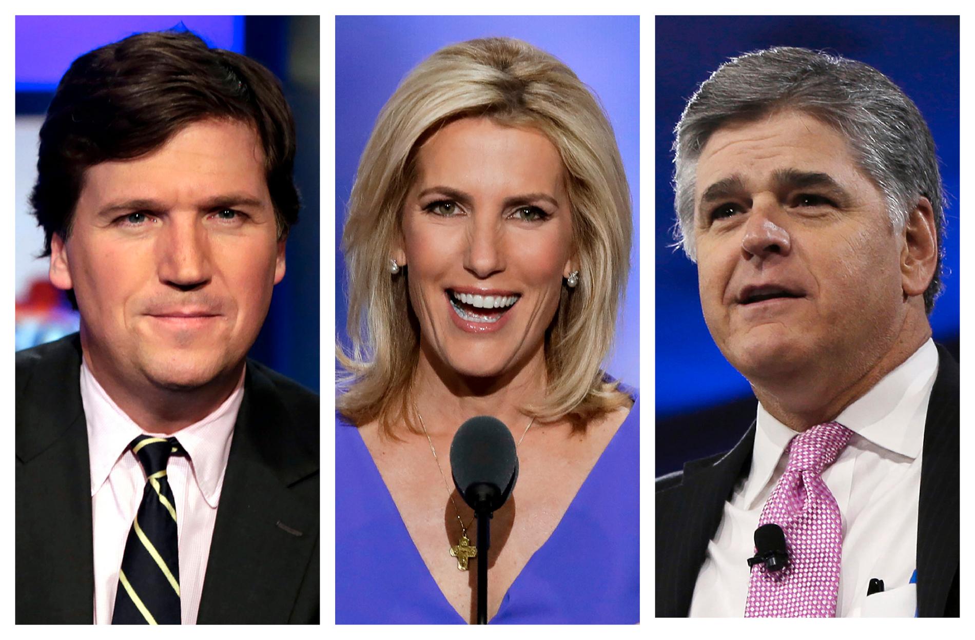 En ihopklippt arkivbild med Fox-profilerna Tucker Carlson, Laura Ingraham och Sean Hannity, vars privata sms offentliggjorts i samband med en utredning mot Fox News.