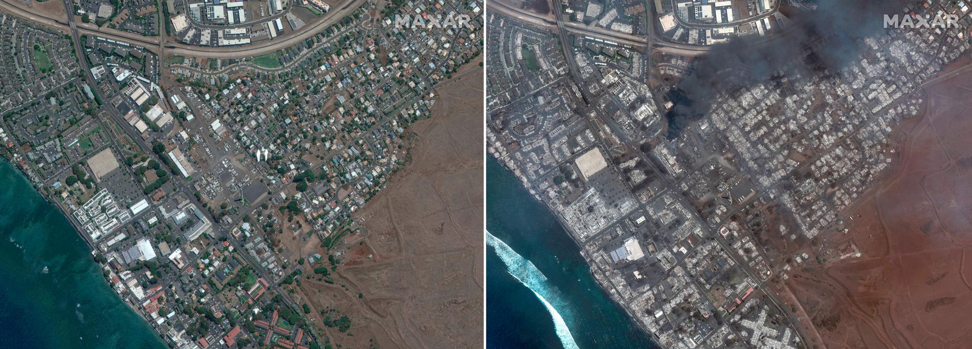 Satellitbilder från Maxar Technologies visar en översikt över Lahaina Square på Maui, Hawaii, den 25 juni 2023, till vänster, och en översikt över samma område onsdagen den 9 augusti, efter en skogsbrand som slet genom hjärtat av den hawaiianska ön. 