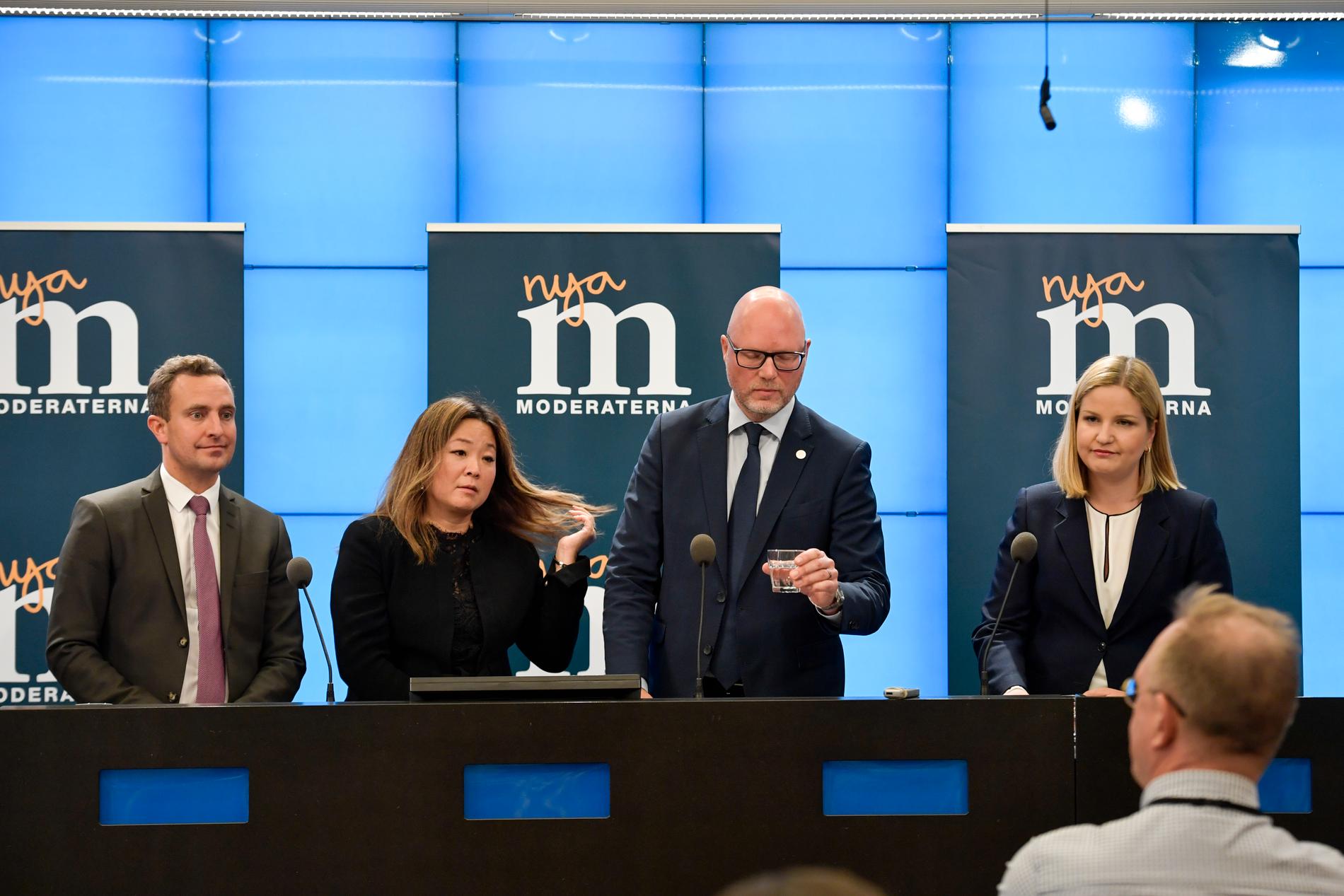 Moderaternas förslag till valsedel i valet till EU-parlamentet toppas av, från vänster, Tomas Tobé, Jessica Polfjärd, Jörgen Warborn samt Arba Kokalari.