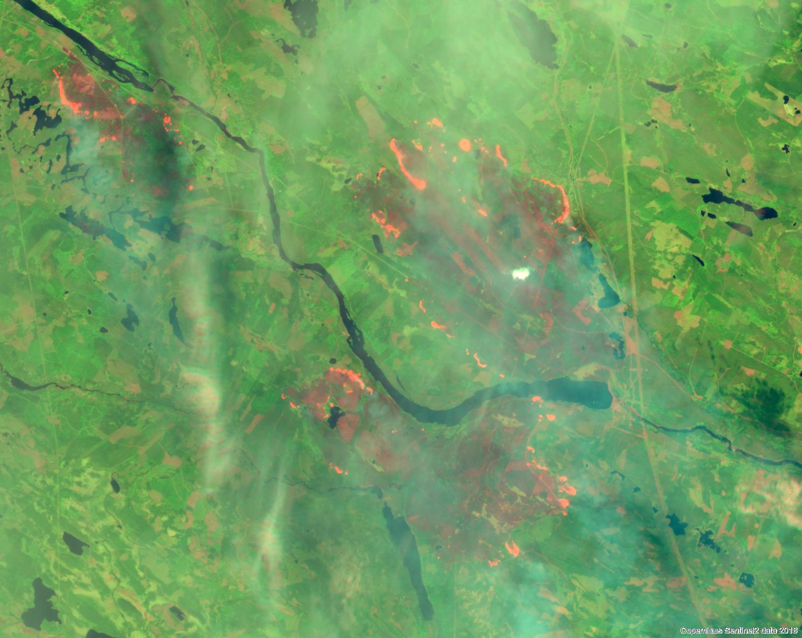Bild av skogsbranden i trakten av Kårböle. Bilden, som är baserad på Sentinel 2-data från 19 juli 2018, är framtagen av Skogsstyrelsen.