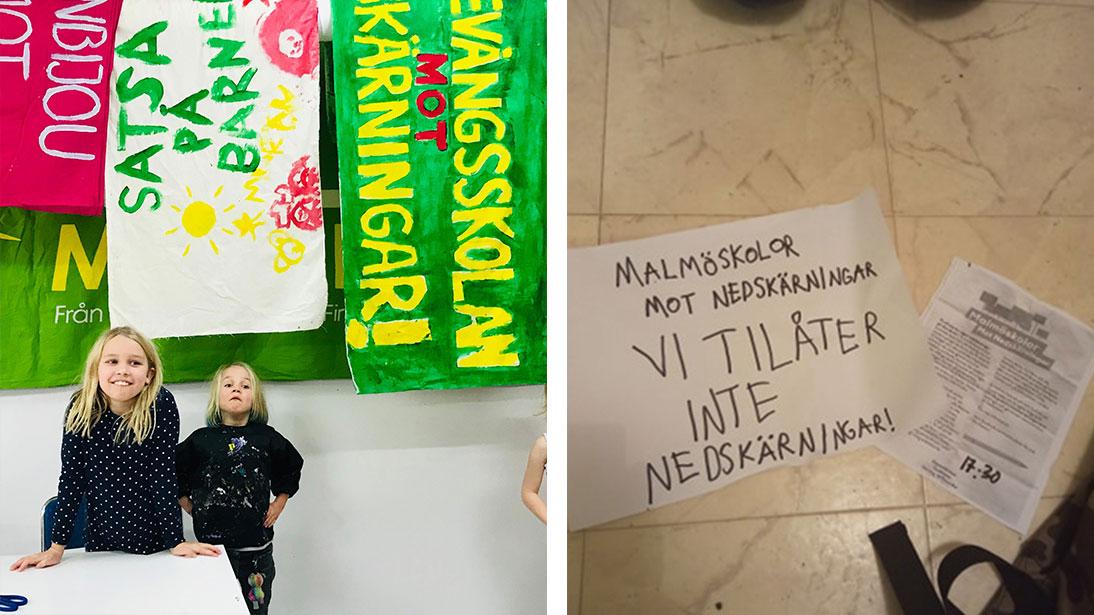 Rosa och Majken Wetterstrand gör plakat mot nedskärningarna i skolan. 