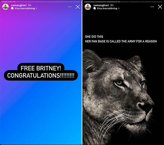 Sam Asghari hyllar flickvännen Britney Spears och hennes fans på Instagtram efter att stjärnans pappa fråntagits förmyndarskapet