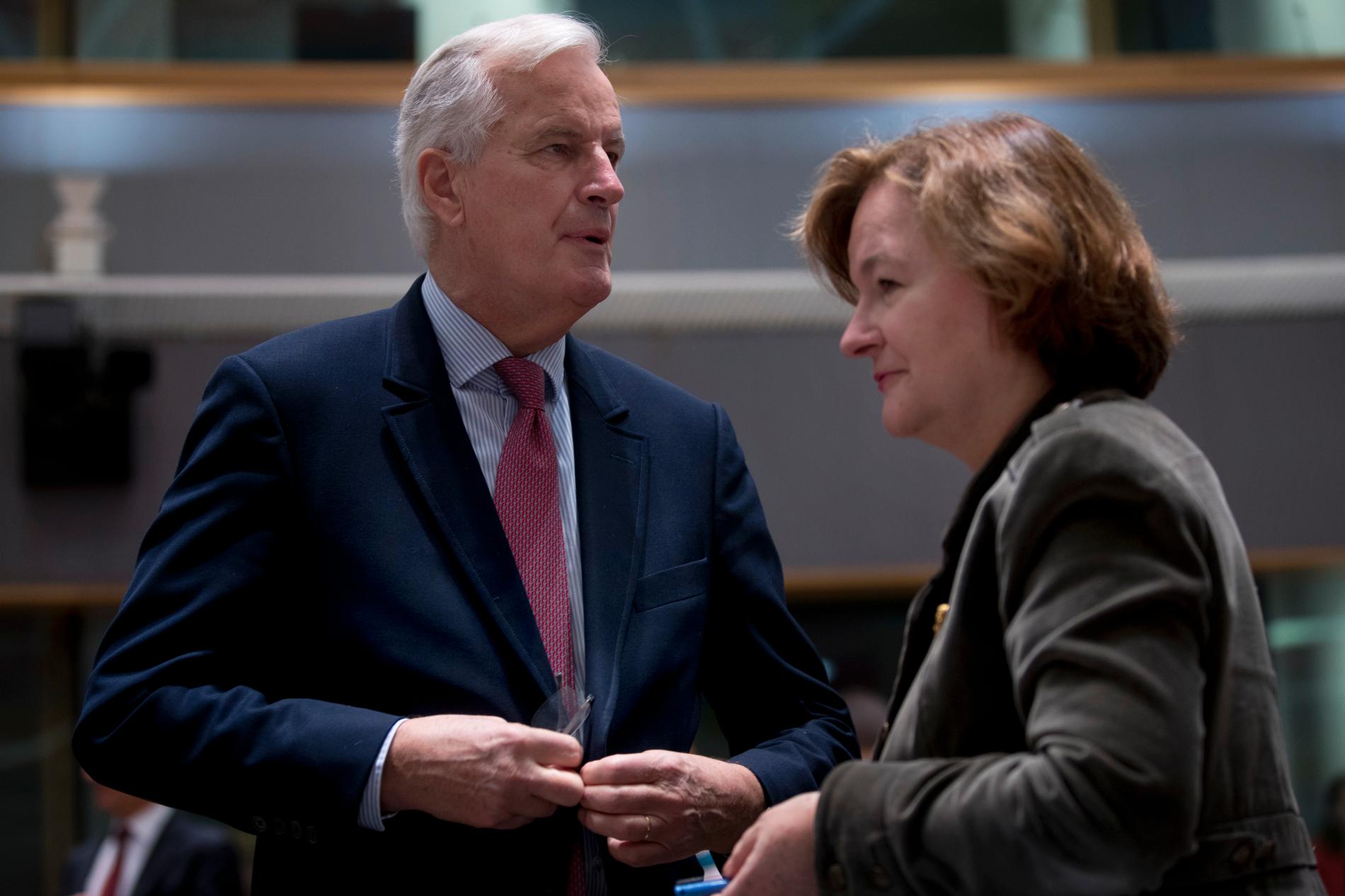 EU:s brexitförhandlade Michel Barnier och Frankrikes EU-minister Nathalie Loiseau. Arkivbild från 12 november.