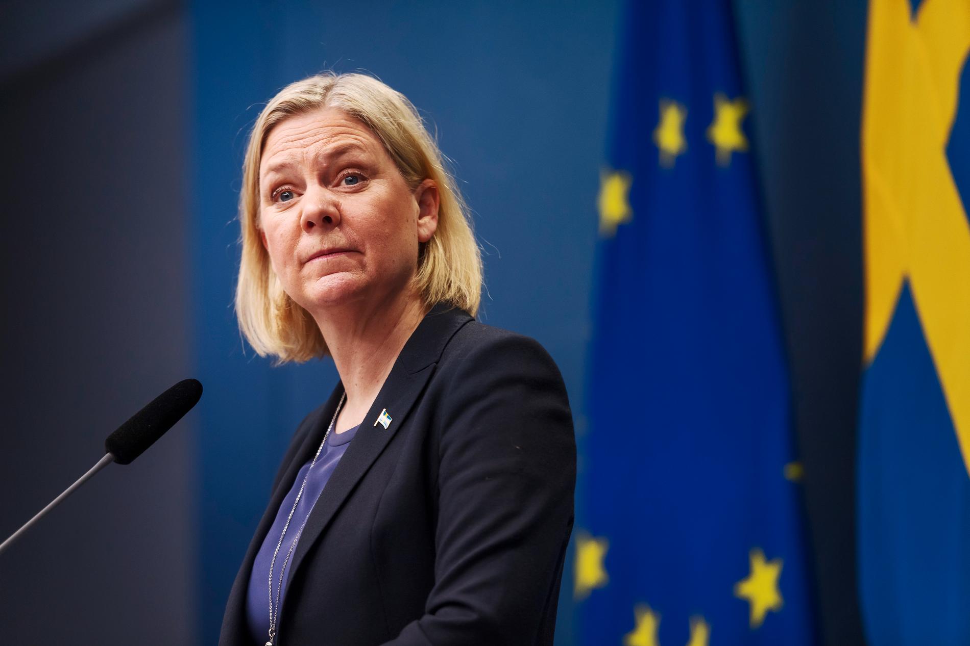 Statsminister Magdalena Andersson (S) under tisdagens pressträff. 