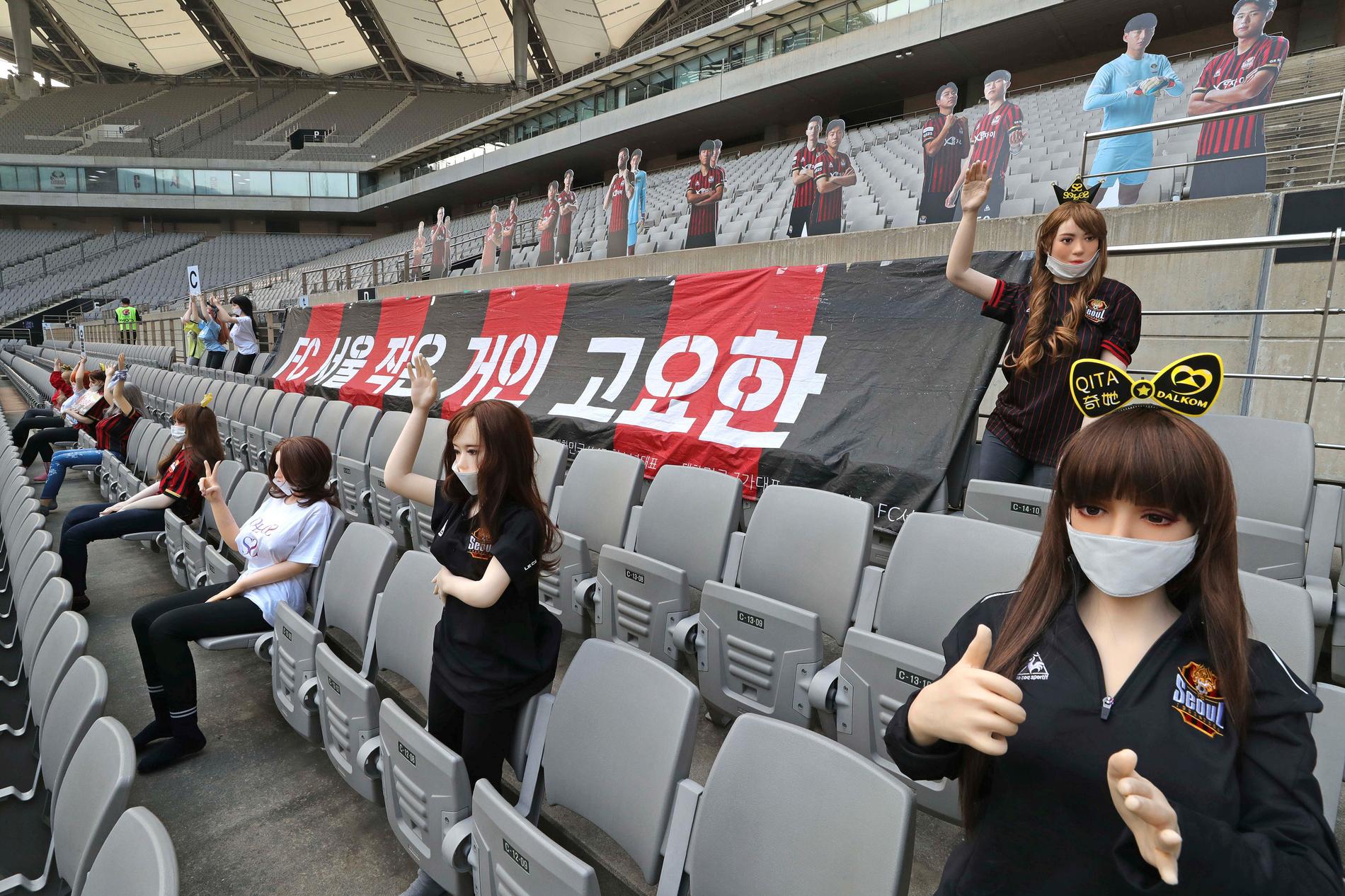 Vissa av dockorna som placerades ut under FC Seouls match mot Gwangju bar t-shirtar eller skyltar med namnet på ett företag som säljer sexleksaker.