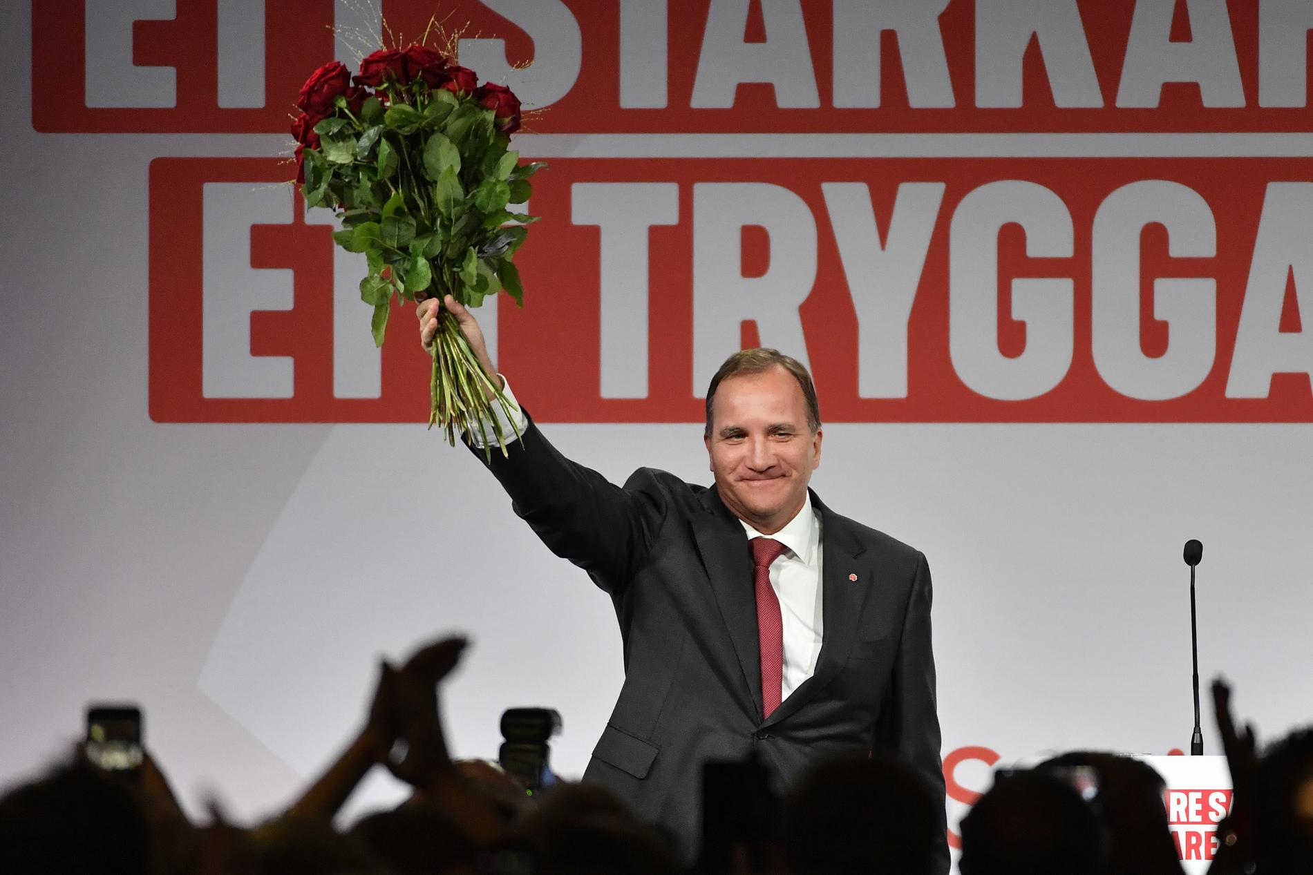 Partiledaren Stefan Löfven under Socialdemokraternas valvaka på Färgfabriken i Stockholm.
