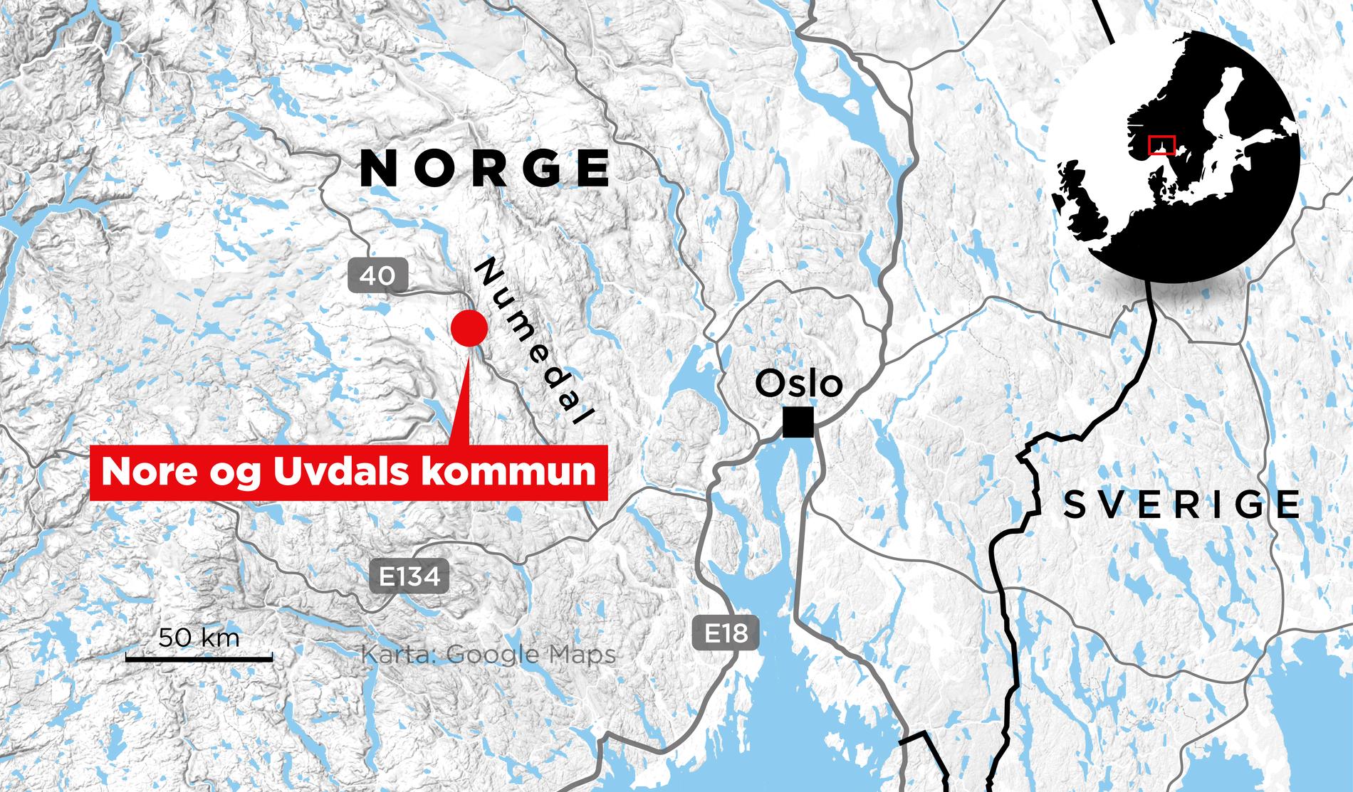 Kartan visar var Nore och Numedal ligger i Norge.