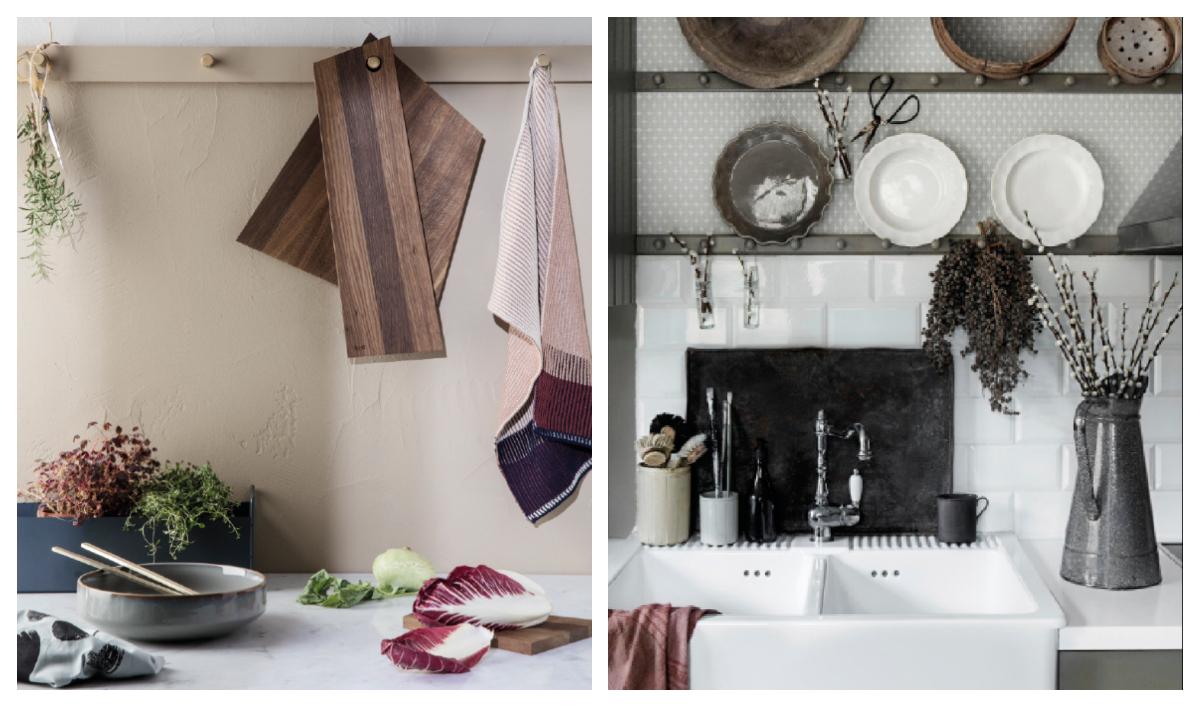 Knopplist, tallrikshylla och väl valda detaljer sätter stilen på köket. Textil och detaljer från Ferm living till vänster och tapeten Einar från Sandberg wallpaper till höger.