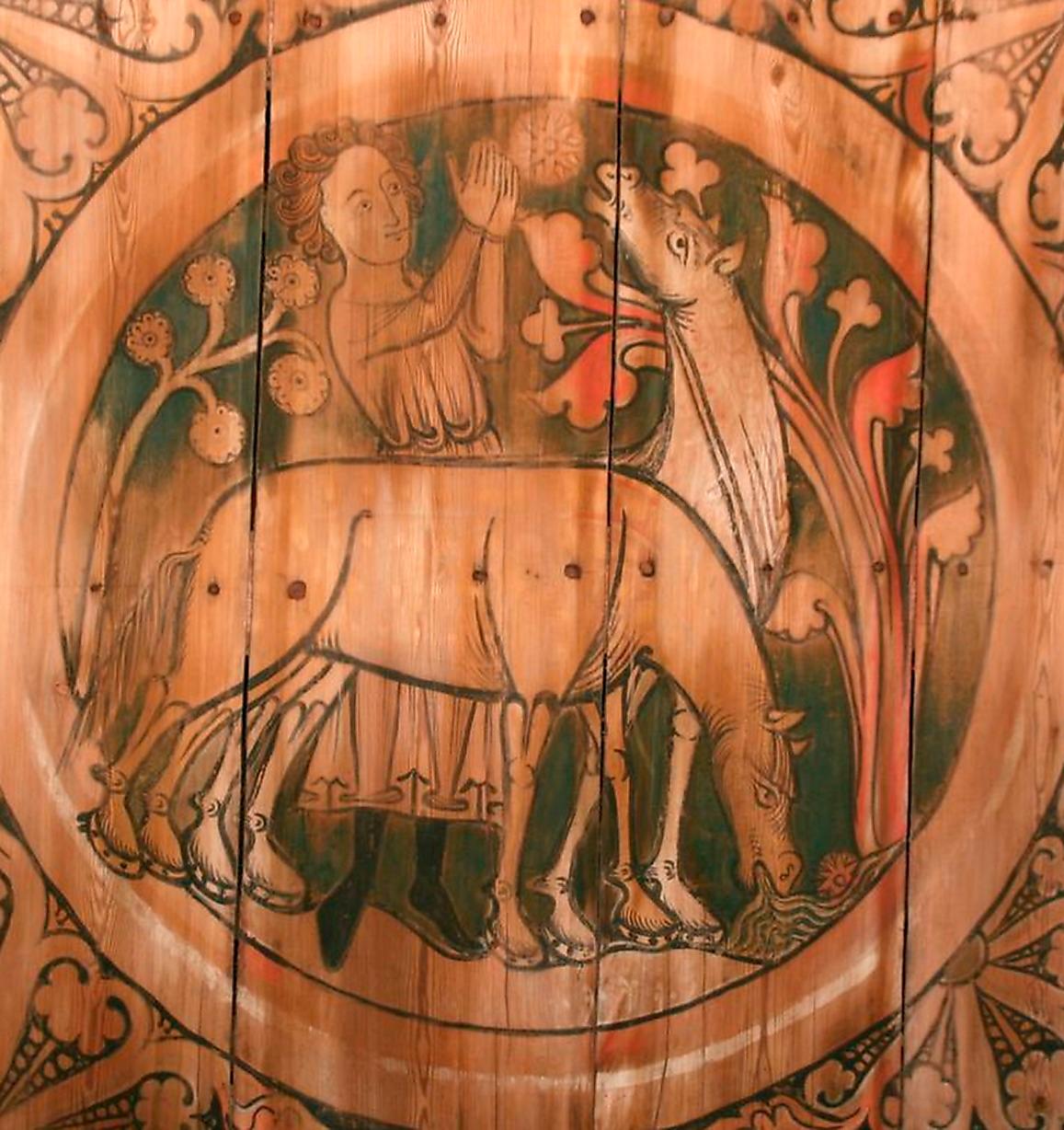 Staffan stalledräng vattnar fålar i medeltida takmålning från 1200-talet i Dädesjö gamla kyrka i Småland.