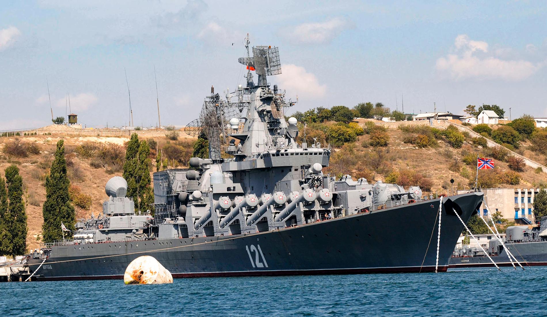 Ryska krigsfartyget Moskva som sänktes i april 2022. Arkivfoto. 
