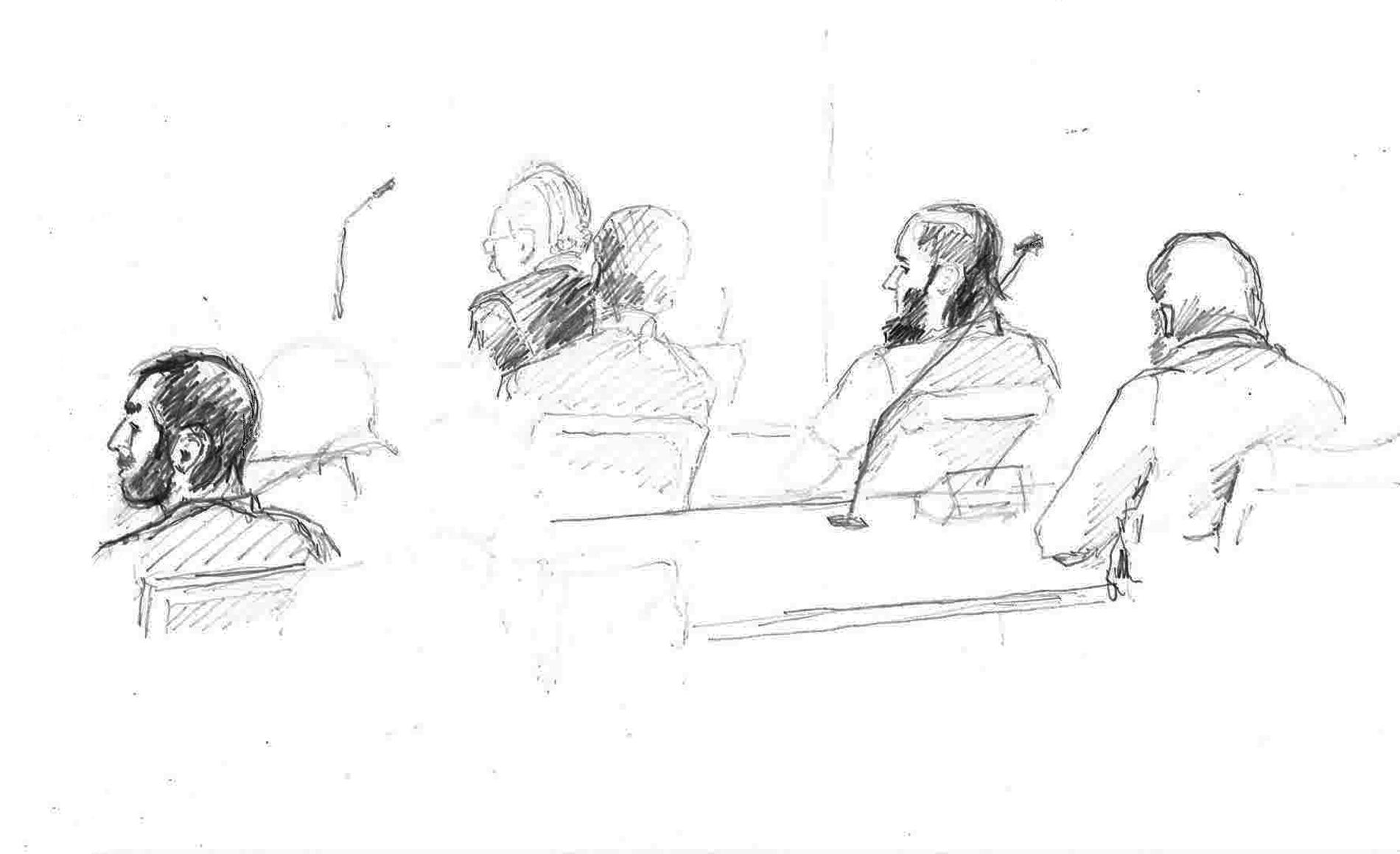 Illustration från tingsrättsförhandlingen mot männen. Arkivbild.