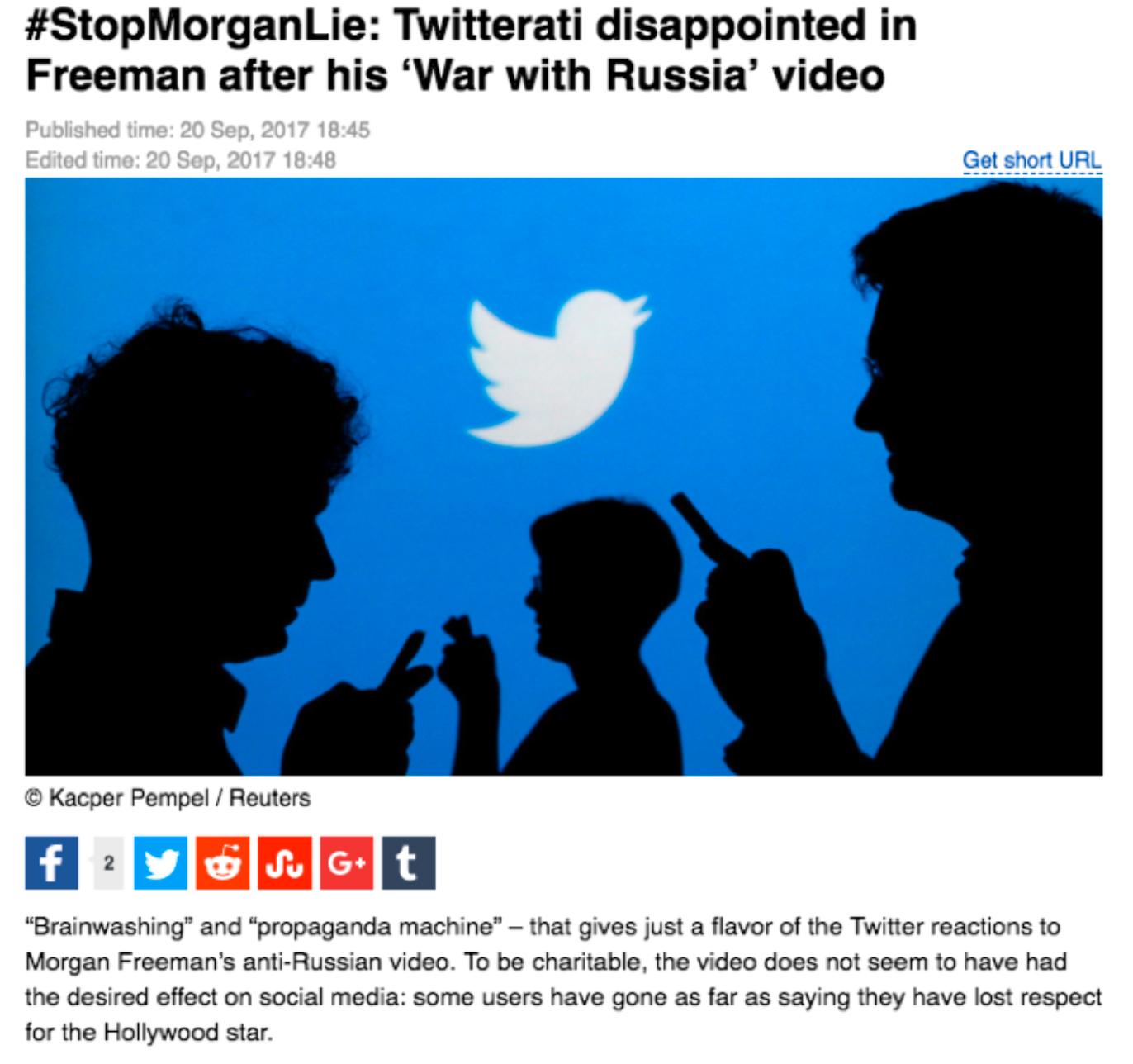 RT:s artikel om ”twitter-stormen” mot Morgan Freeman, som skapades av ryska trollfabriker, och spreds vidare av botar och ryska myndighetskonton.
