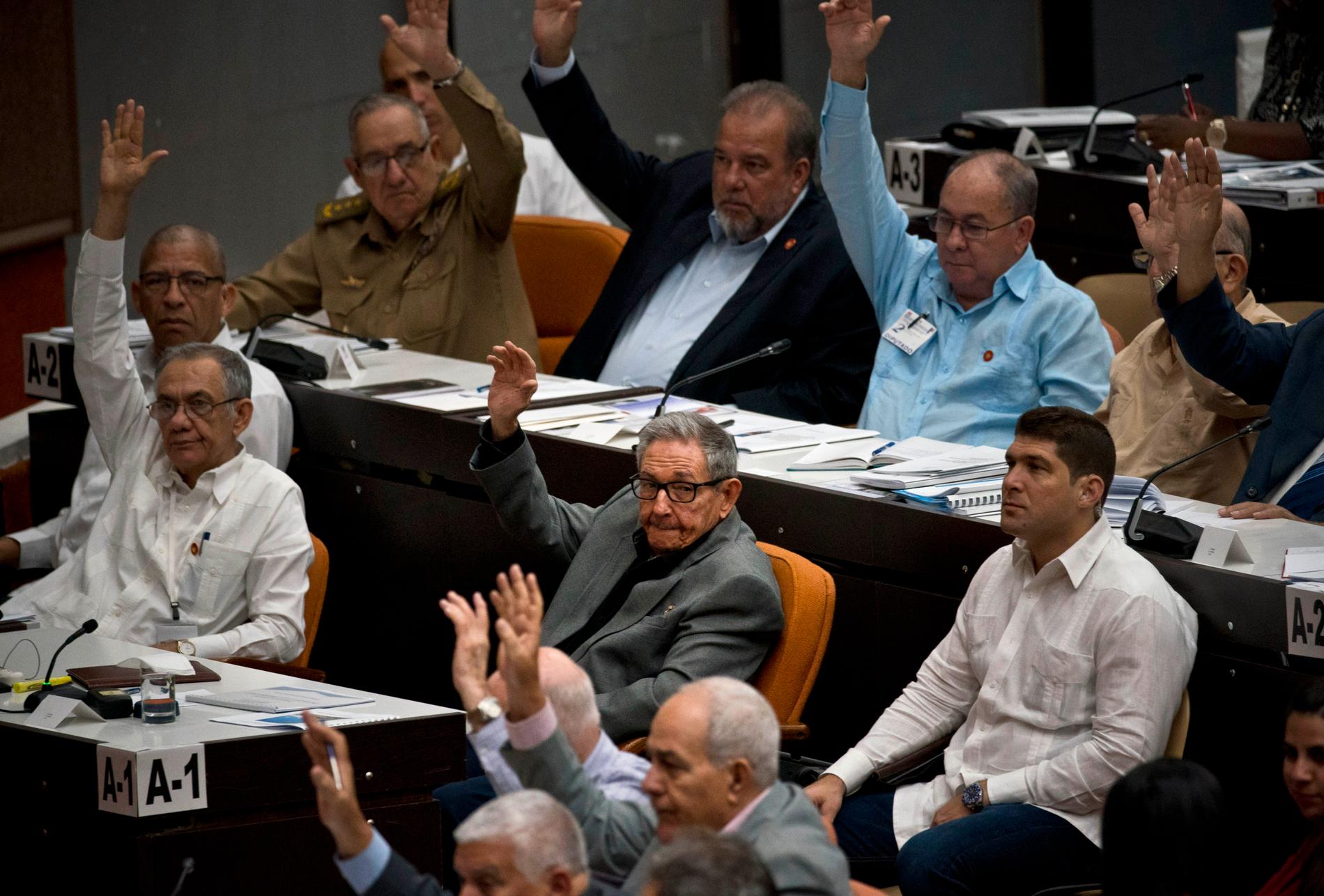 Kubas nationalförsamling lägger fram en ny grundlag för en folkomröstning. Tidigare presidenten Raúl Castro (i mitten) röstar ja.