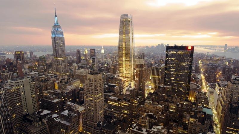 Arkitektfirman Pelli Clarke Pellis bild av den 67 våningar höga skrapan 15 Penn Plaza, bara tio meter lägre än klassiska Empire State Building på samma gata.