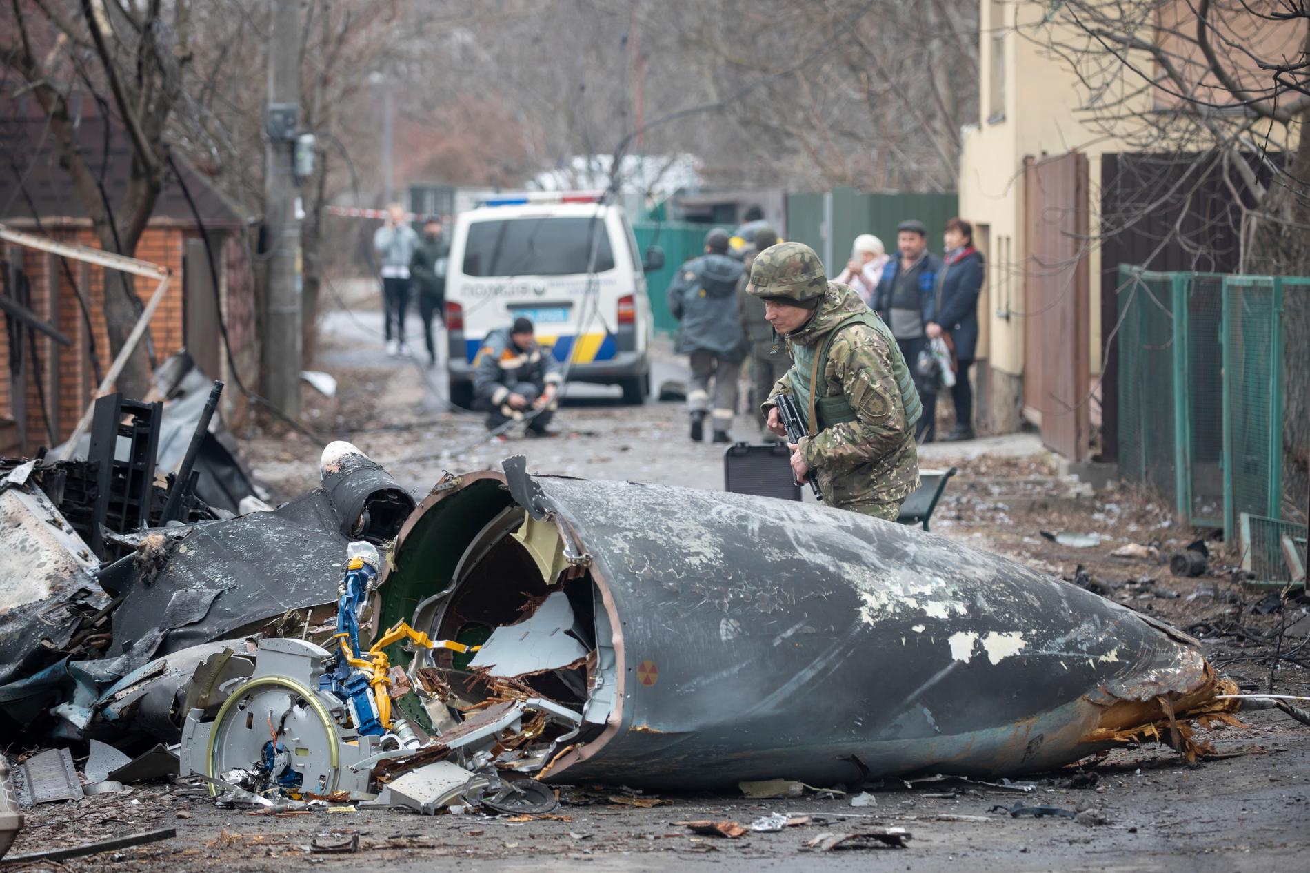 Ukrainsk soldat inspekterar ett nedskjutet flygplan i Kiev.