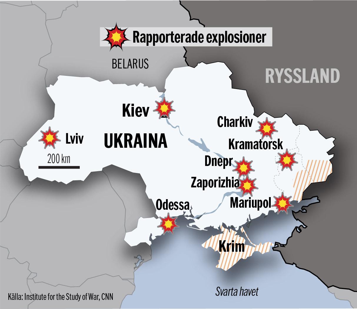 Explosioner har rapporterats i bland annat Lviv, Odessa, Mariupol, Dnepr, Charkiv och Kiev.