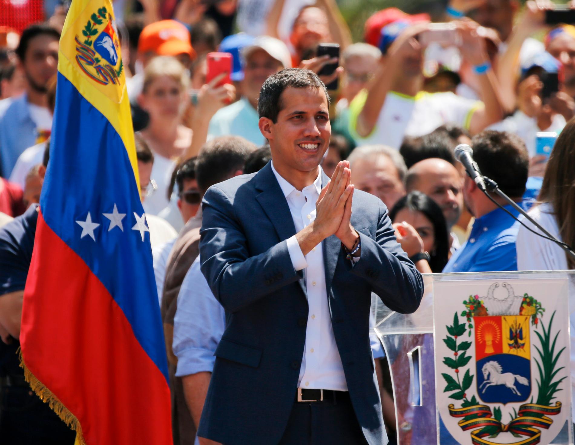 Oppositionsledaren Juan Guaidó under en demonstration i Venezuelas huvudstad Caracas i helgen.