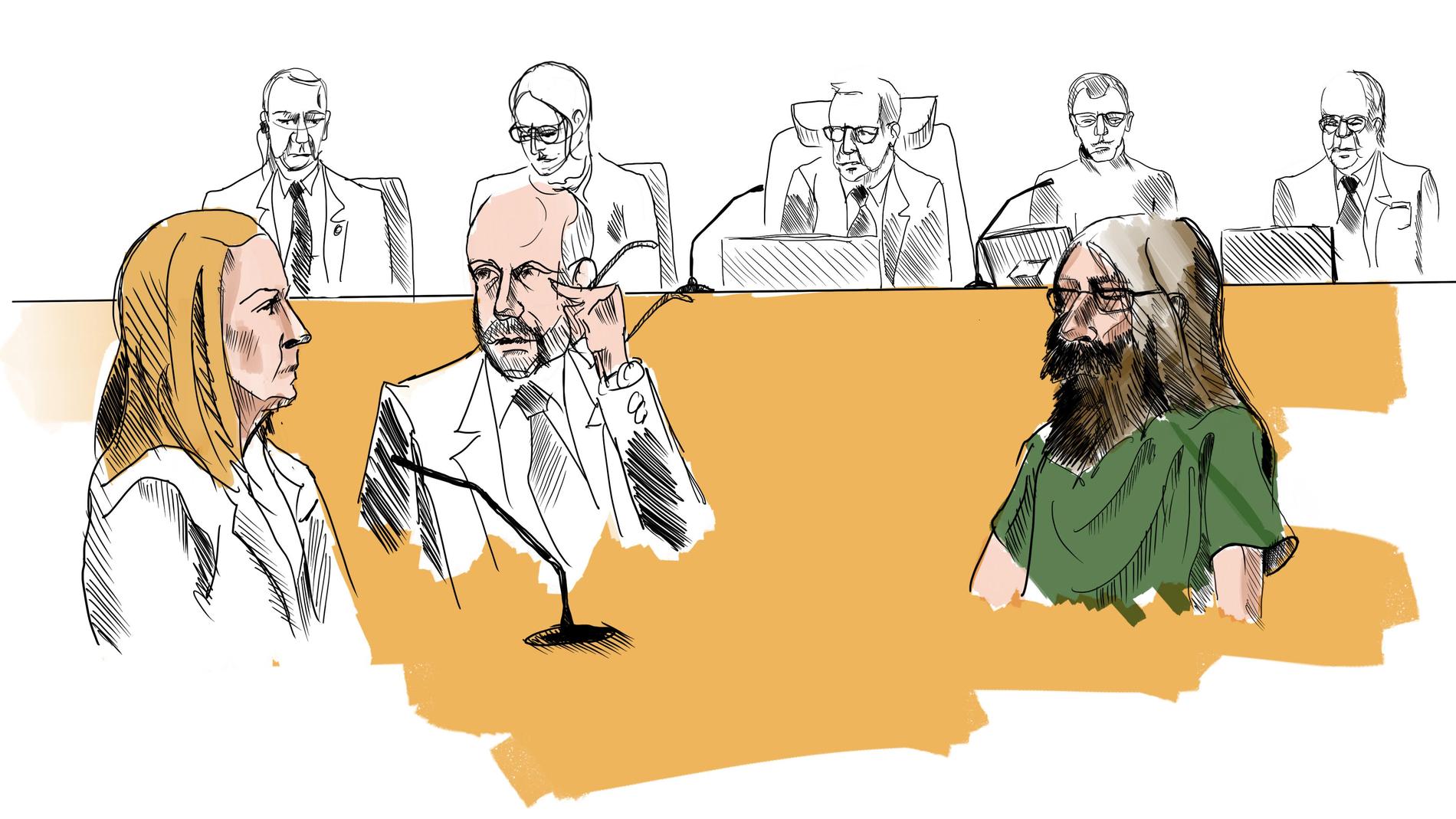 Teckning från rättegången mot Theodor Engström (i grönt). Mittemot honom sitter C-ledaren Annie Lööf och bredvid henne åklagare Henrik Olin.