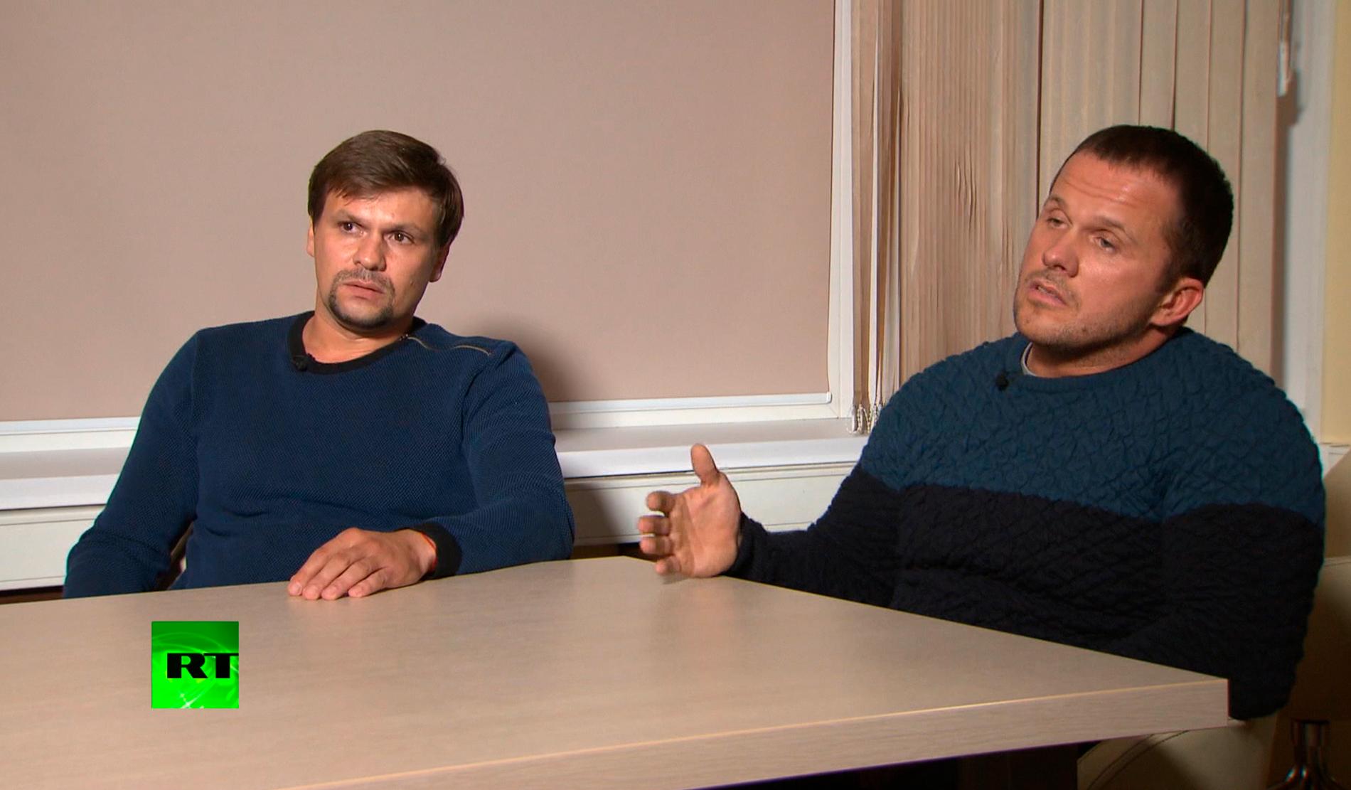 Männen som kallat sig "Ruslan Bosjirov" och "Aleksandr Petrov" avslöjas som GRU-agenter. Här i en skärmdump från den ryska statliga kanalen RT.